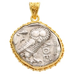 Ancient Greek 5th Century BC Athens Owl Coin 18K Gold Pendant
