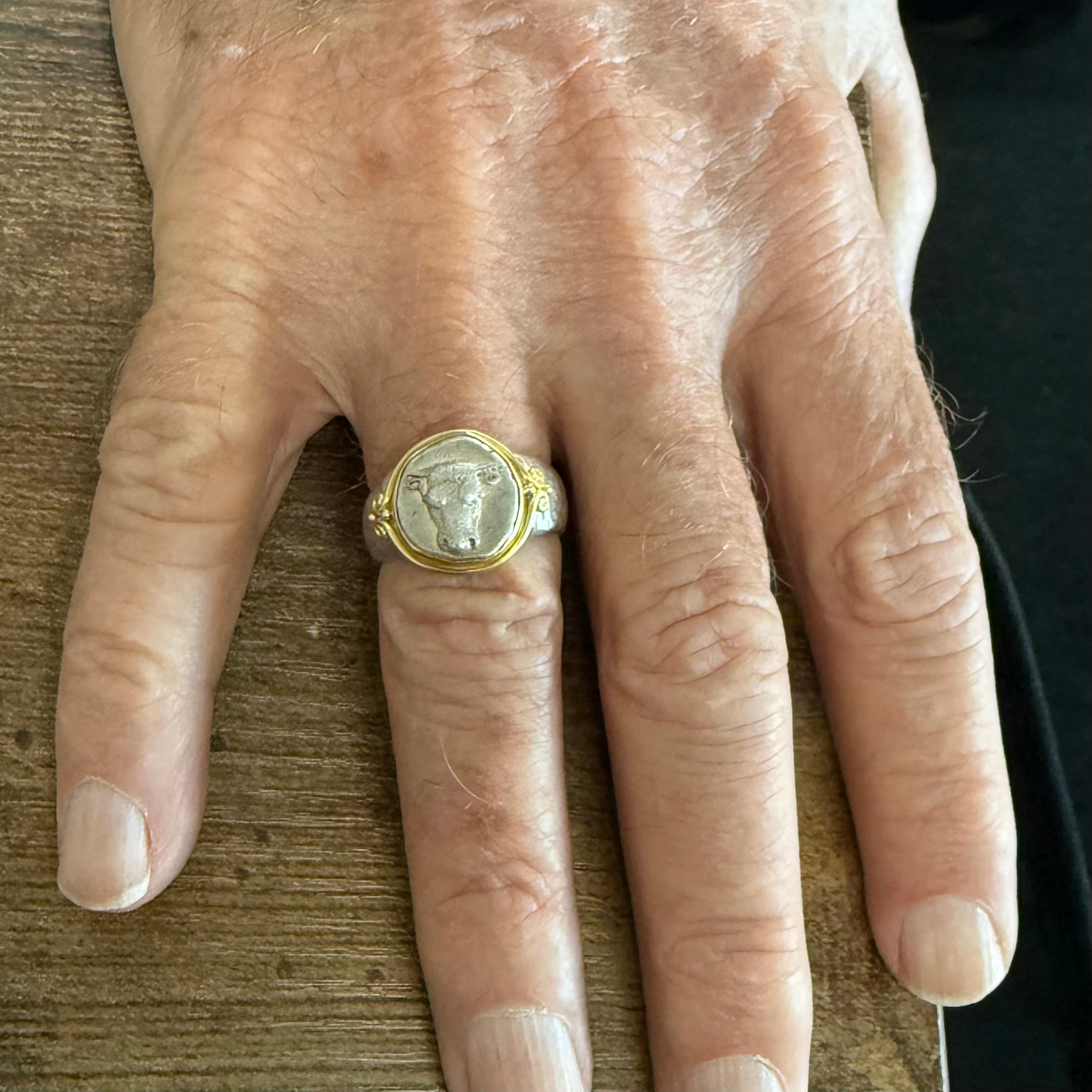 Ancient Greek 5th Century BC Bull Coin Sterling 18K Gold Mens Ring For Sale 5
