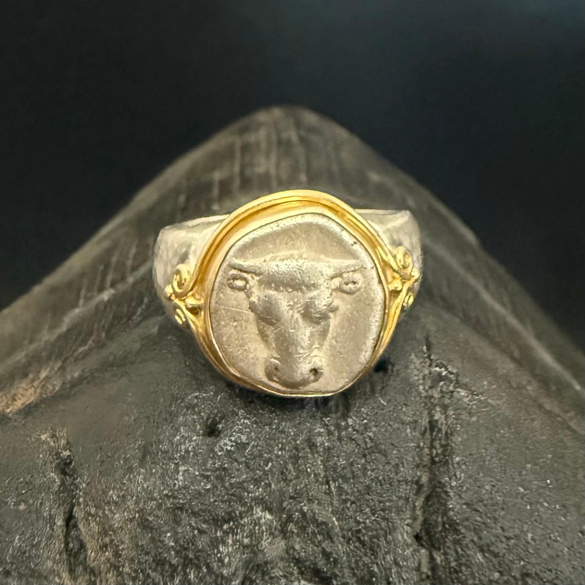 Ancient Greek 5th Century BC Bull Coin Sterling 18K Gold Mens Ring For Sale 6