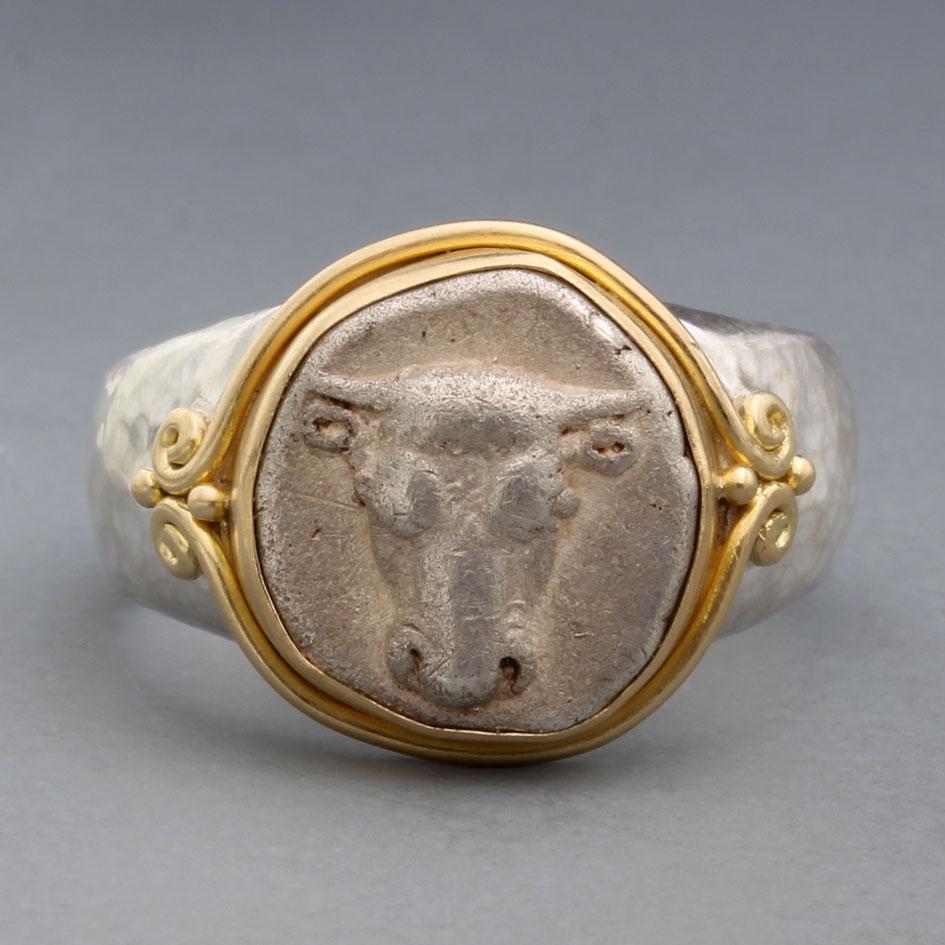 Classical Greek Ancient Greek 5th Century BC Bull Coin Sterling 18K Gold Mens Ring For Sale