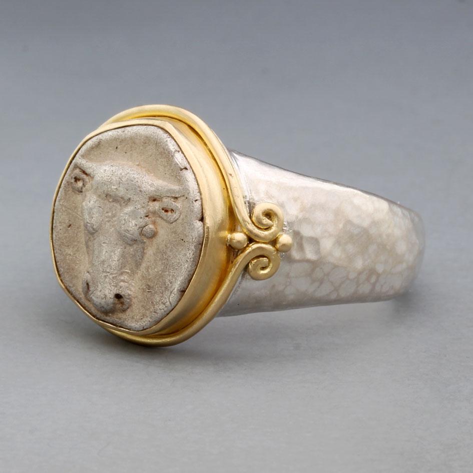 Ancient Greek 5th Century BC Bull Coin Sterling 18K Gold Mens Ring In New Condition For Sale In Soquel, CA