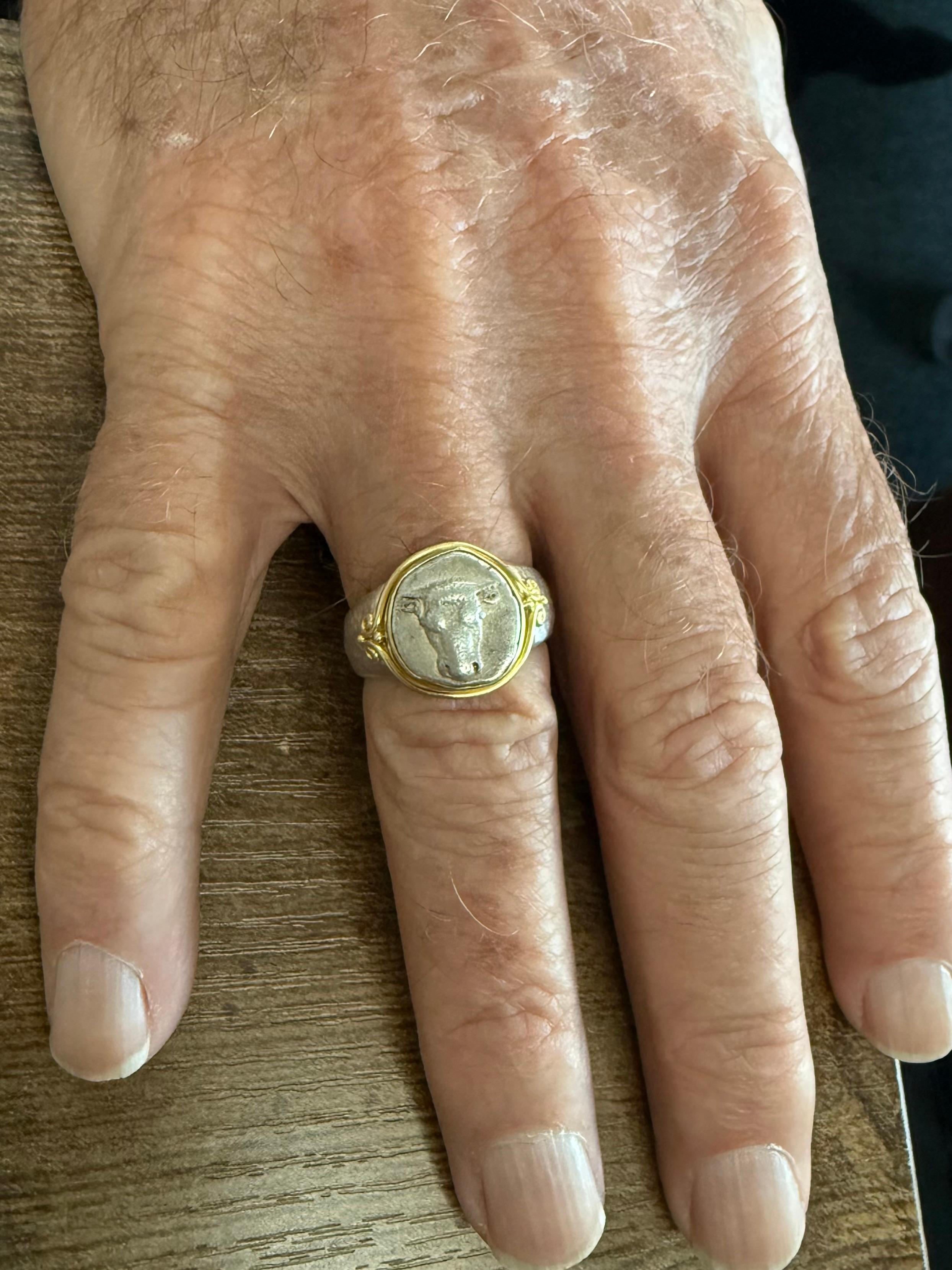 Ancient Greek 5th Century BC Bull Coin Sterling 18K Gold Mens Ring For Sale 3