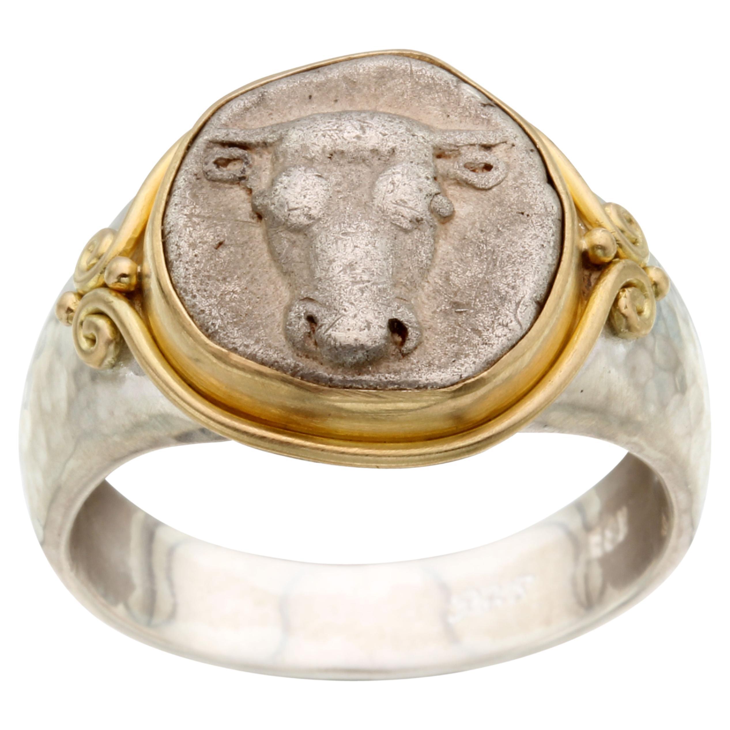 Ancient Greek 5th Century BC Bull Coin Sterling 18K Gold Mens Ring