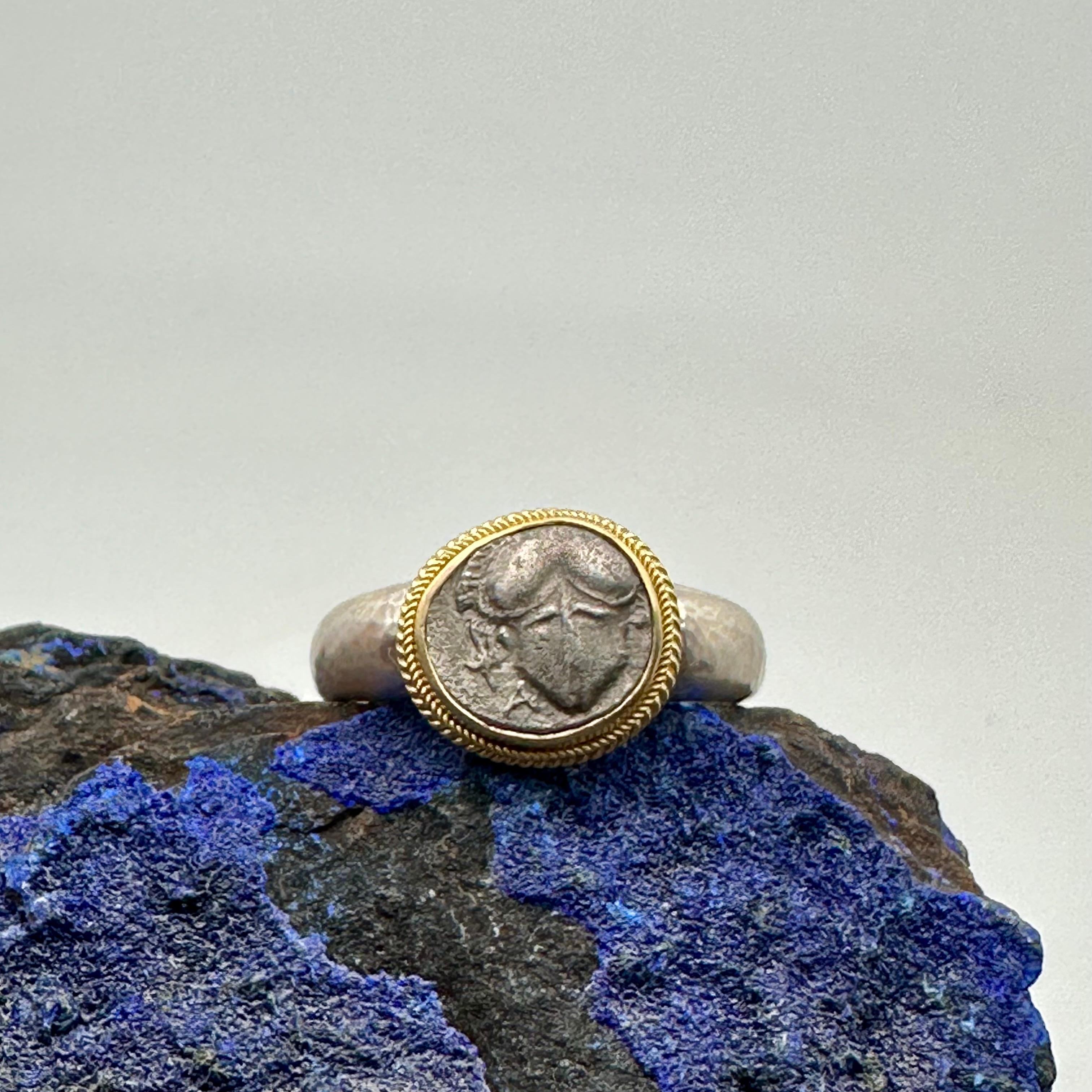Ancient Greek 5th Century BC Corinthian Helmet Coin Silver 18K Gold Mens Ring For Sale 2