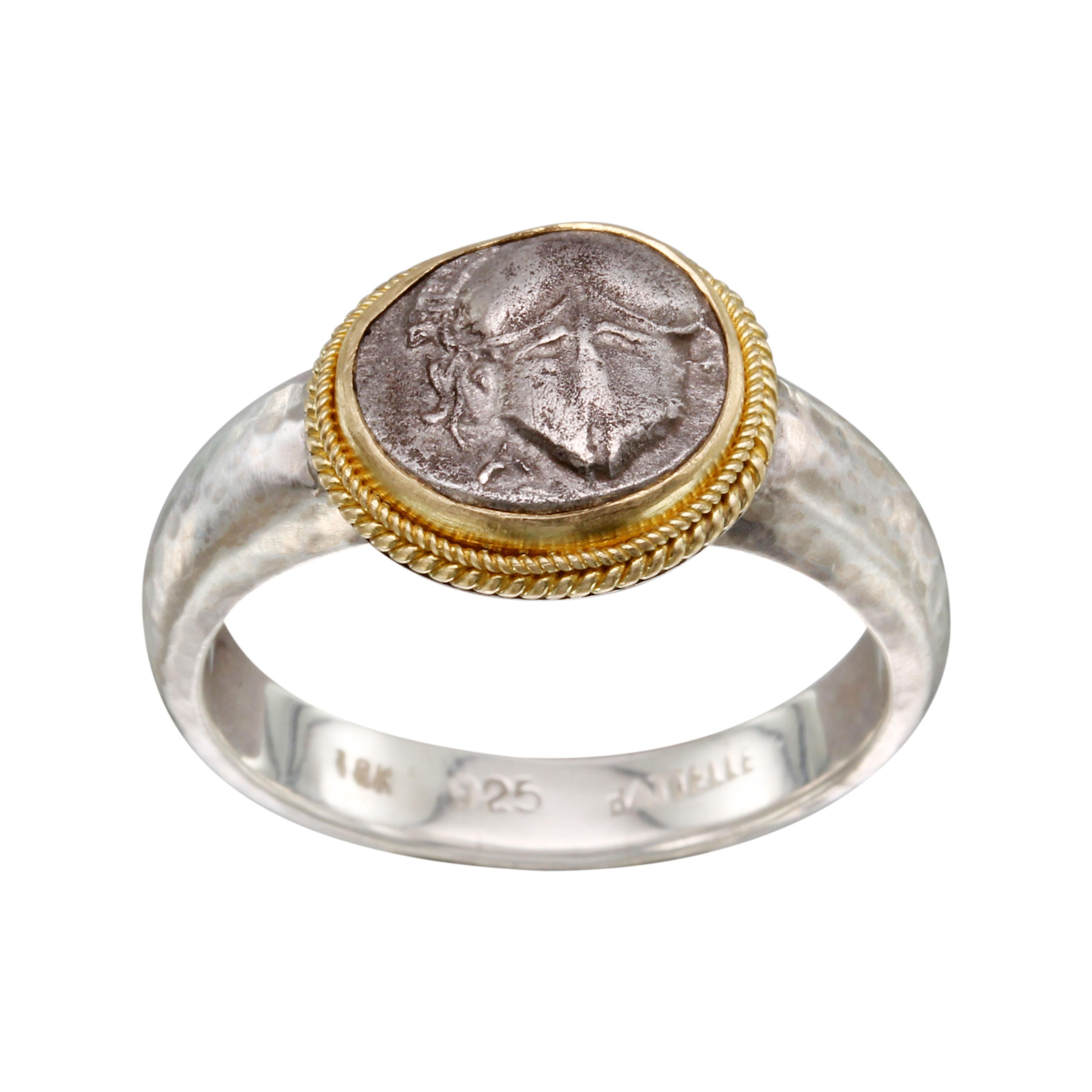 Ancient Greek 5th Century BC Corinthian Helmet Coin Silver 18K Gold Mens Ring For Sale 4
