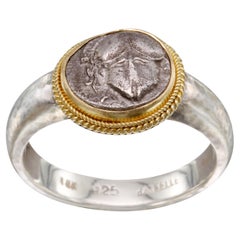 Ancient Greek 5th Century BC Corinthian Helmet Coin Silver 18K Gold Mens Ring