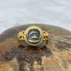Ancient Greek 5th Century BC Dolphins Coin Diamonds 18K Gold Ring