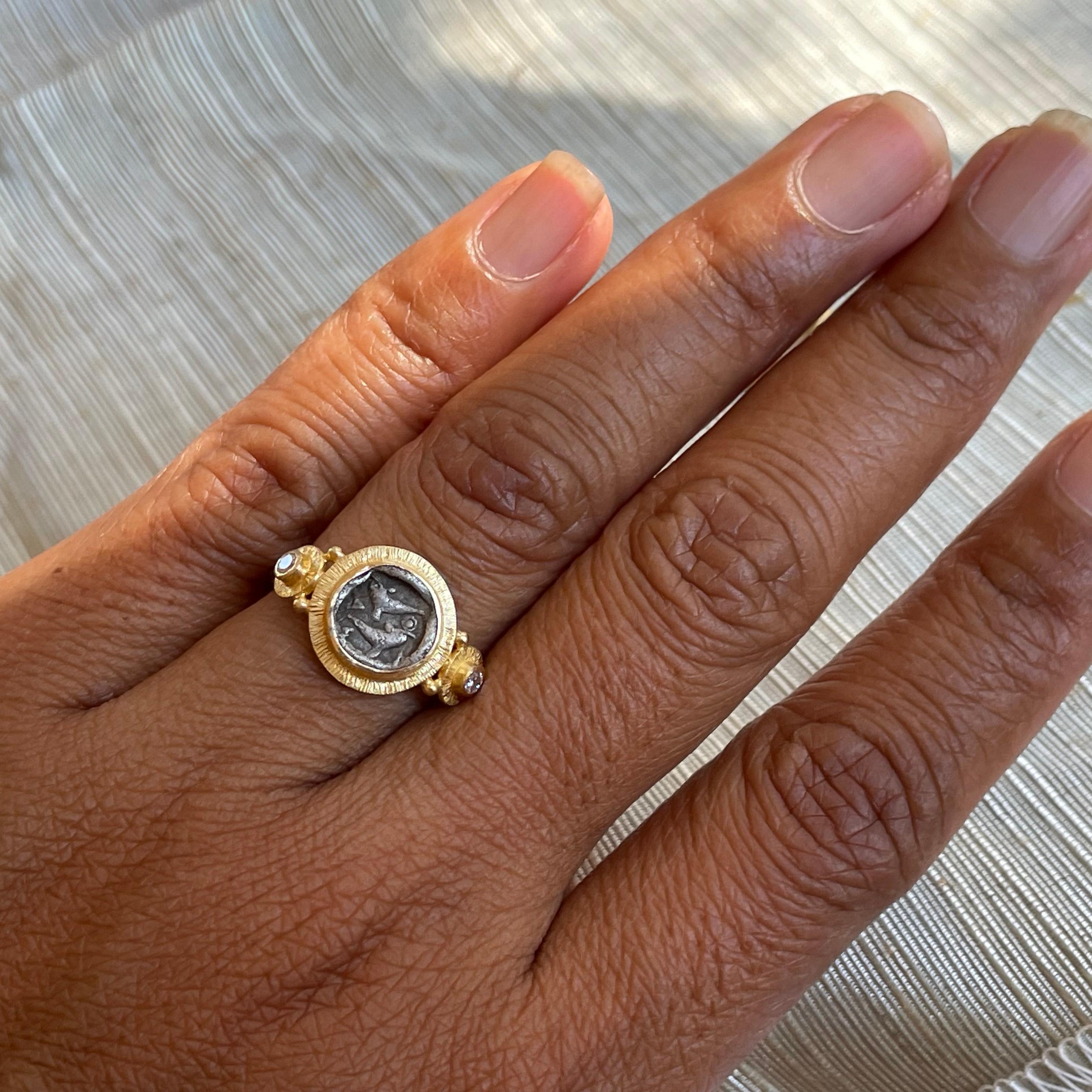 Antiker griechischer 5. Jahrhundert v. Chr. Delphin Münze Diamanten 18K Gold Ring (Rosenschliff)