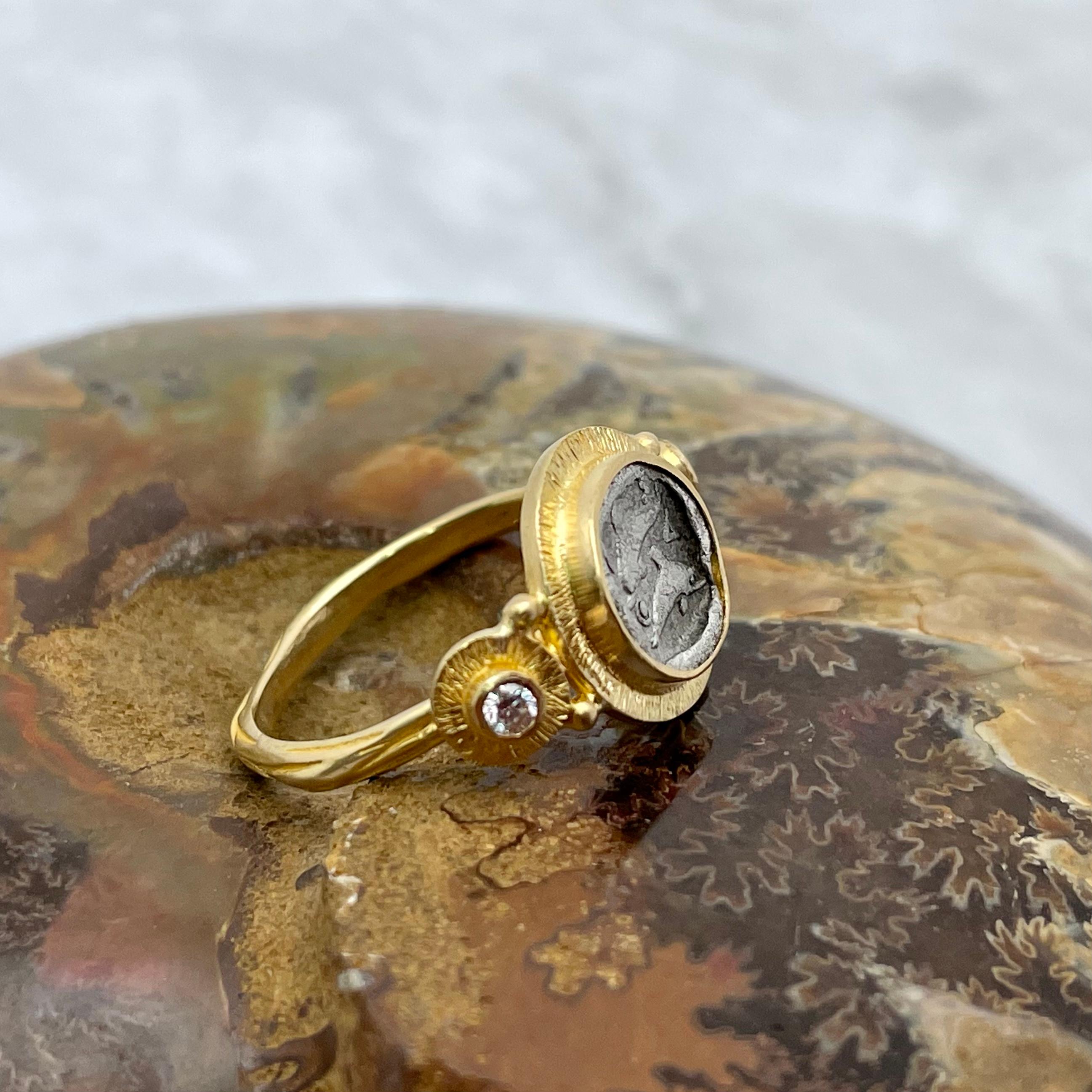 Antiker griechischer 5. Jahrhundert v. Chr. Delphin Münze Diamanten 18K Gold Ring für Damen oder Herren