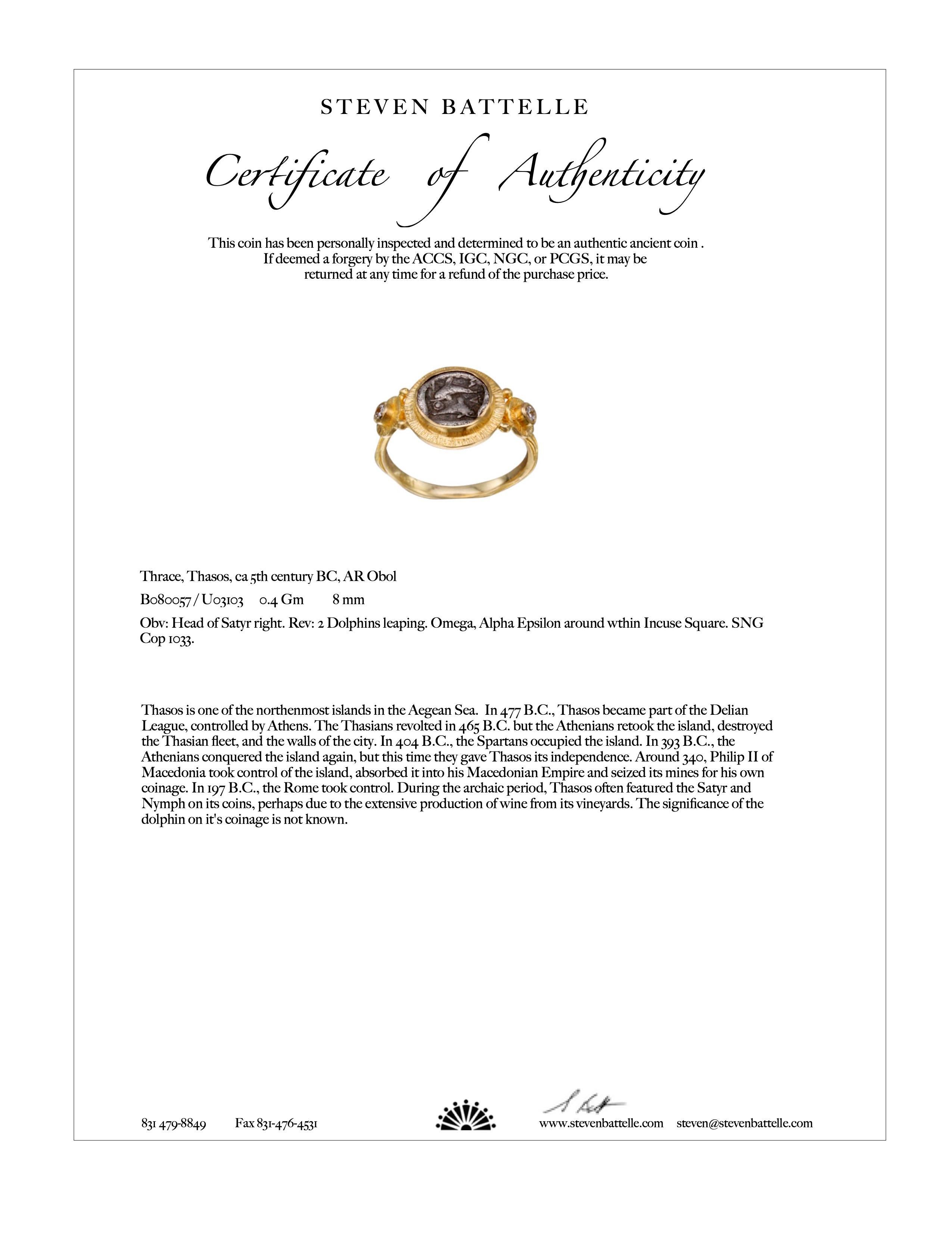 Antiker griechischer 5. Jahrhundert v. Chr. Delphin Münze Diamanten 18K Gold Ring 1