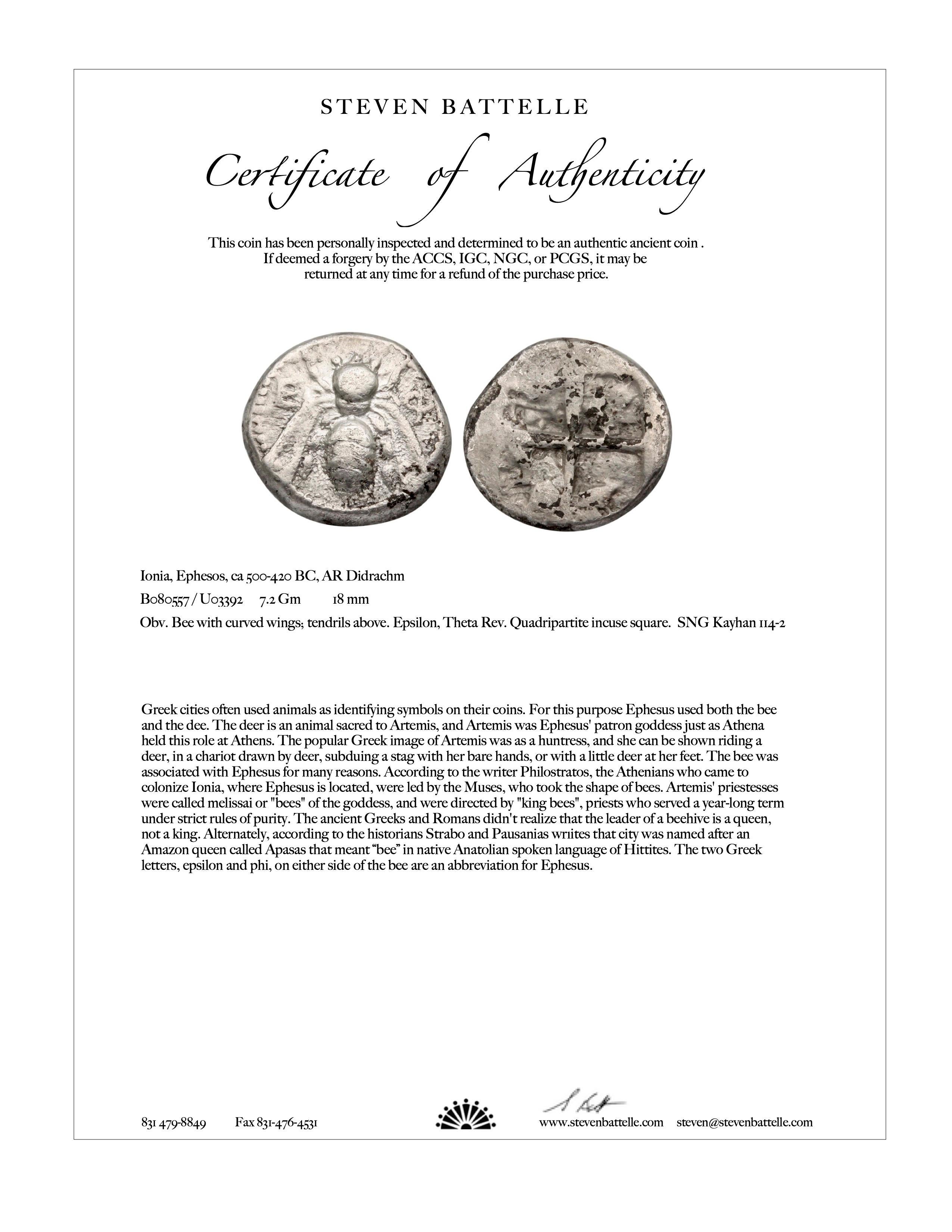 Pendentif en or 18 carats avec pièce de monnaie grecque Ephèse du 5e siècle avant J.-C.  en vente 3