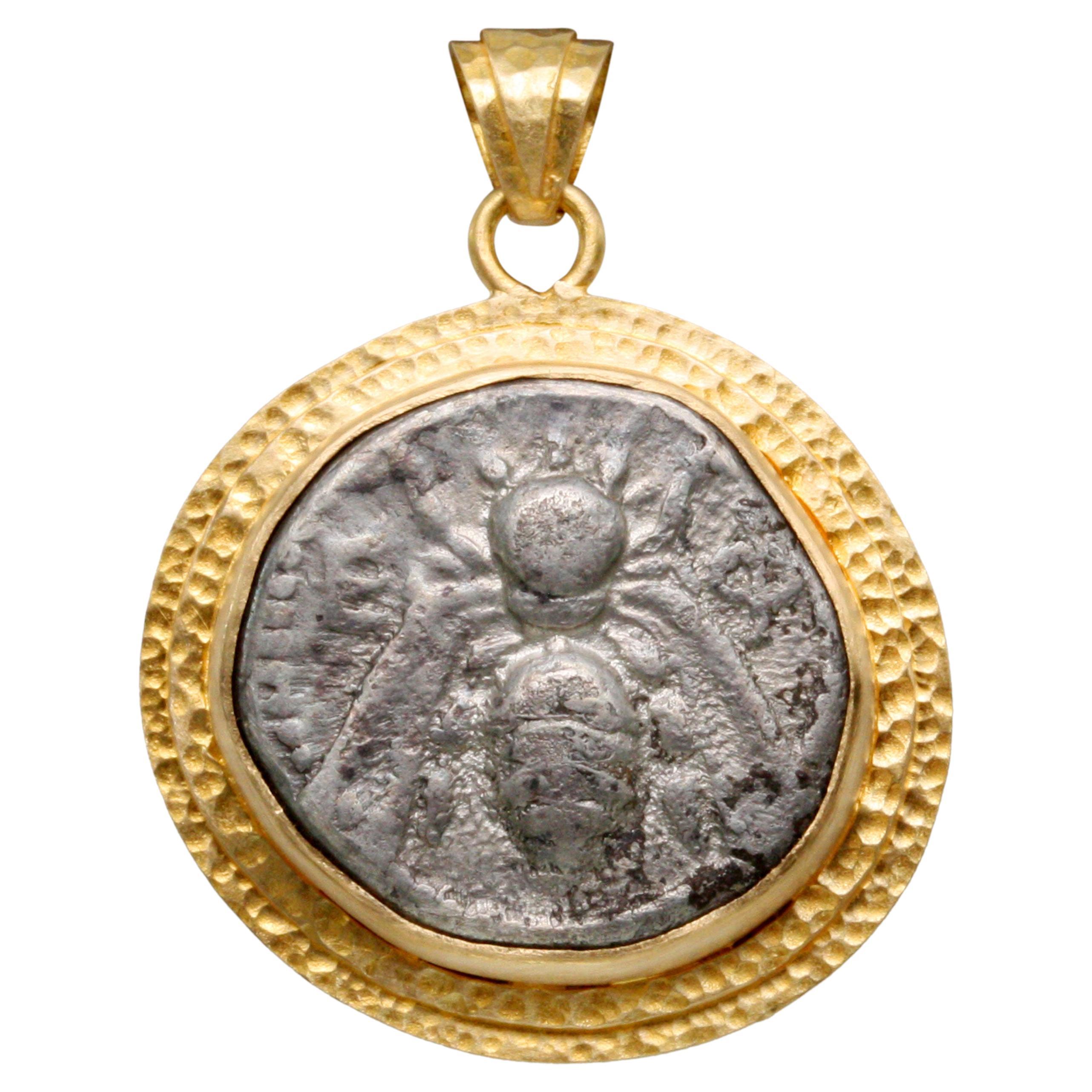 Pendentif en or 18 carats avec pièce de monnaie grecque Ephèse du 5e siècle avant J.-C. 
