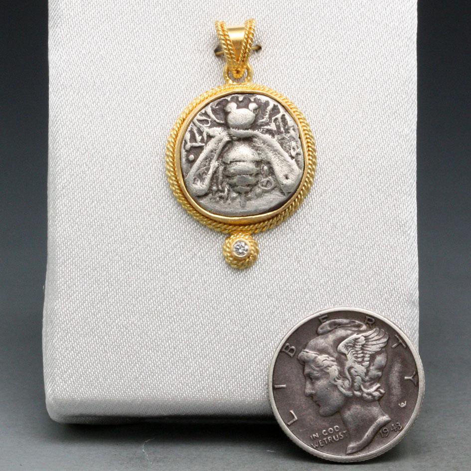 Ancient Greek 5th Century BC Ephesus Bee Coin Diamond 18K Gold Pendant 4