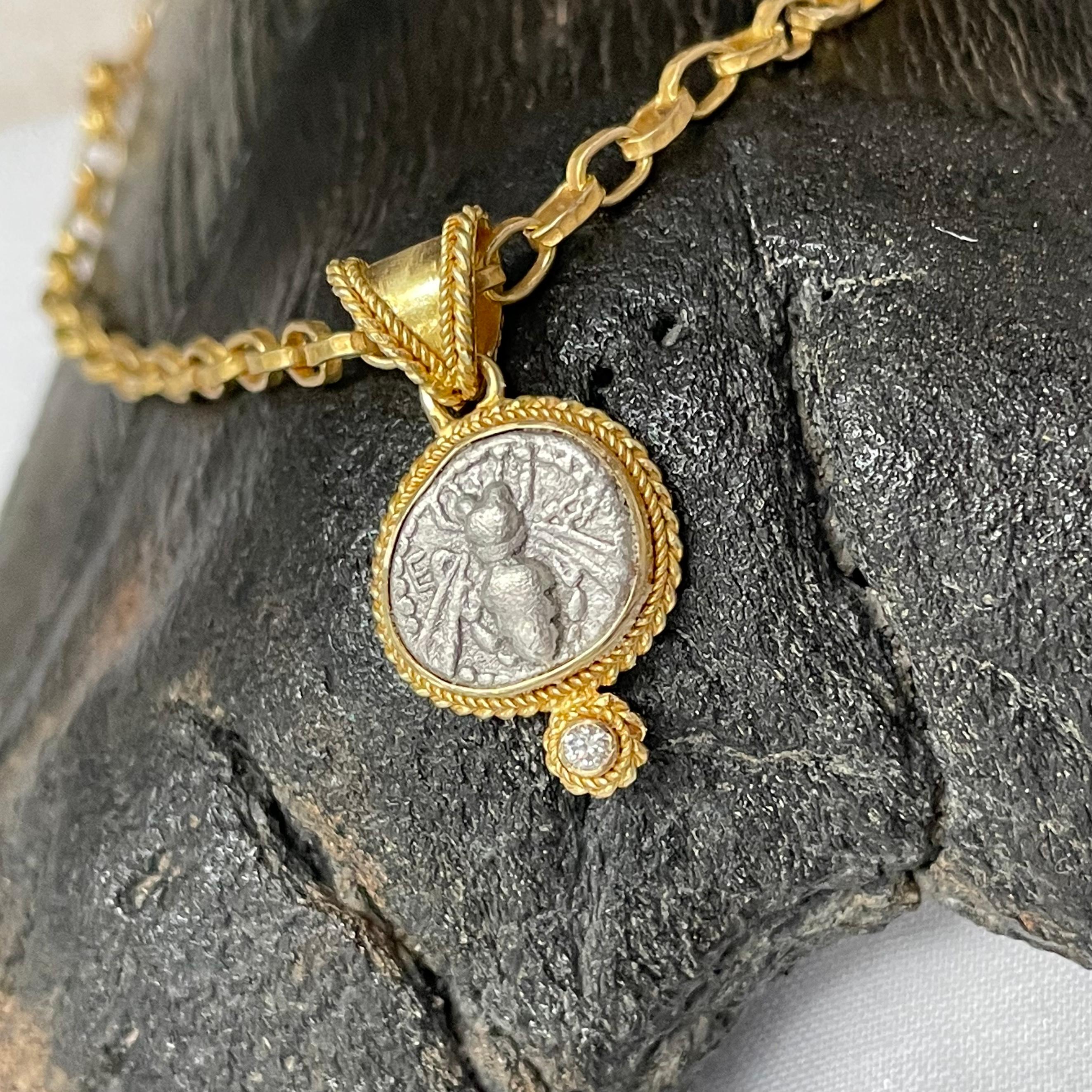 Ancient Greek 5th Century BC Ephesus Bee Coin Diamond 18K Gold Pendant For Sale 3