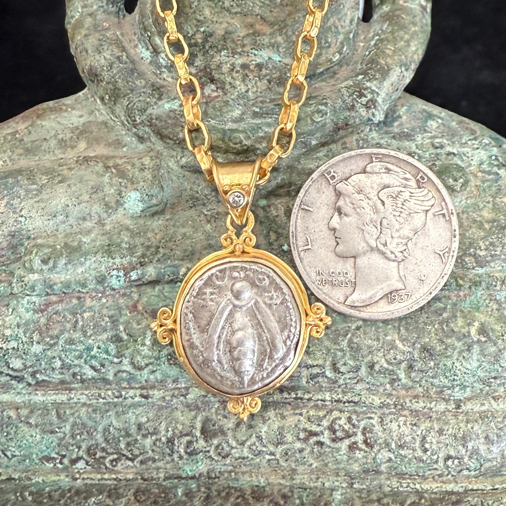 Ancient Greek 5th Century BC Ephesus Bee Coin Diamond 18K Gold Pendant For Sale 6