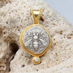 Ancient Greek 5th Century BC Ephesus Bee Coin Diamond 18K Gold Pendant