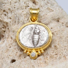 Ancient Greek 5th Century BC Ephesus Bee Coin Diamond 18K Gold Pendant
