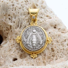 Ancient Greek 5th Century BC Ephesus Bee Coin Diamond 18K Gold Pendant