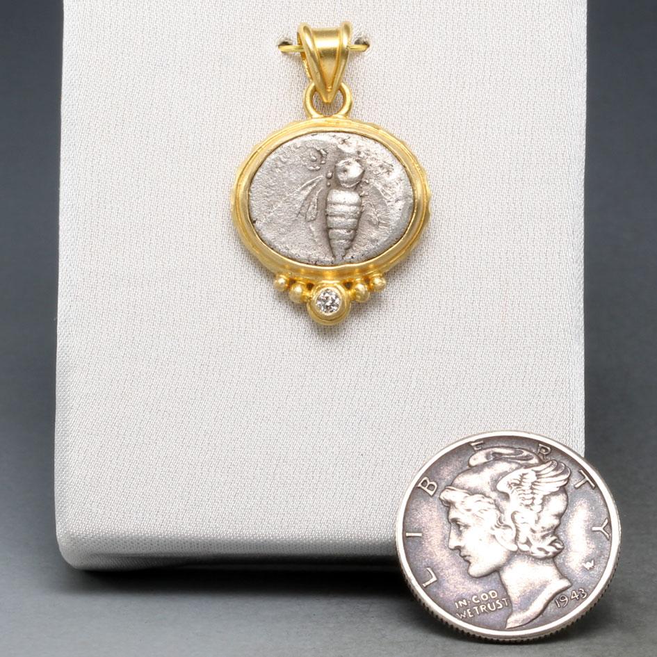 Classical Greek Ancient Greek 5th Century BC Ephesus Bee Coin Diamond 18K Gold Pendant For Sale