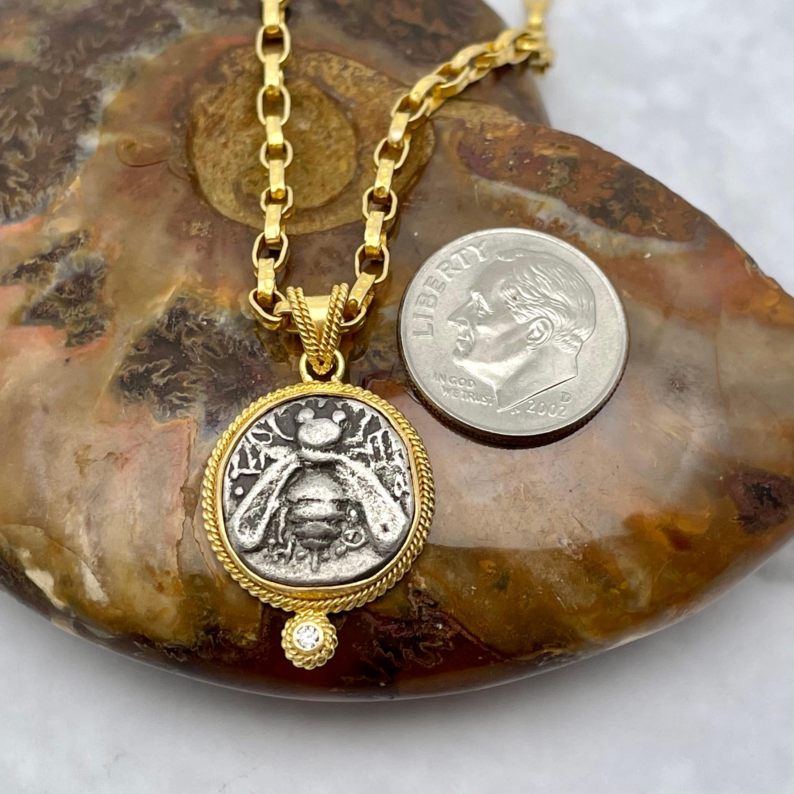 Classical Greek Ancient Greek 5th Century BC Ephesus Bee Coin Diamond 18K Gold Pendant