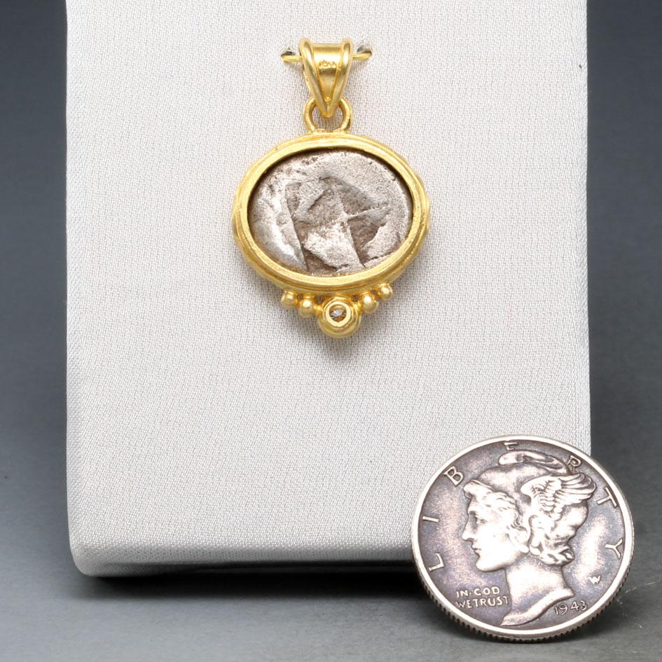 Rose Cut Ancient Greek 5th Century BC Ephesus Bee Coin Diamond 18K Gold Pendant For Sale