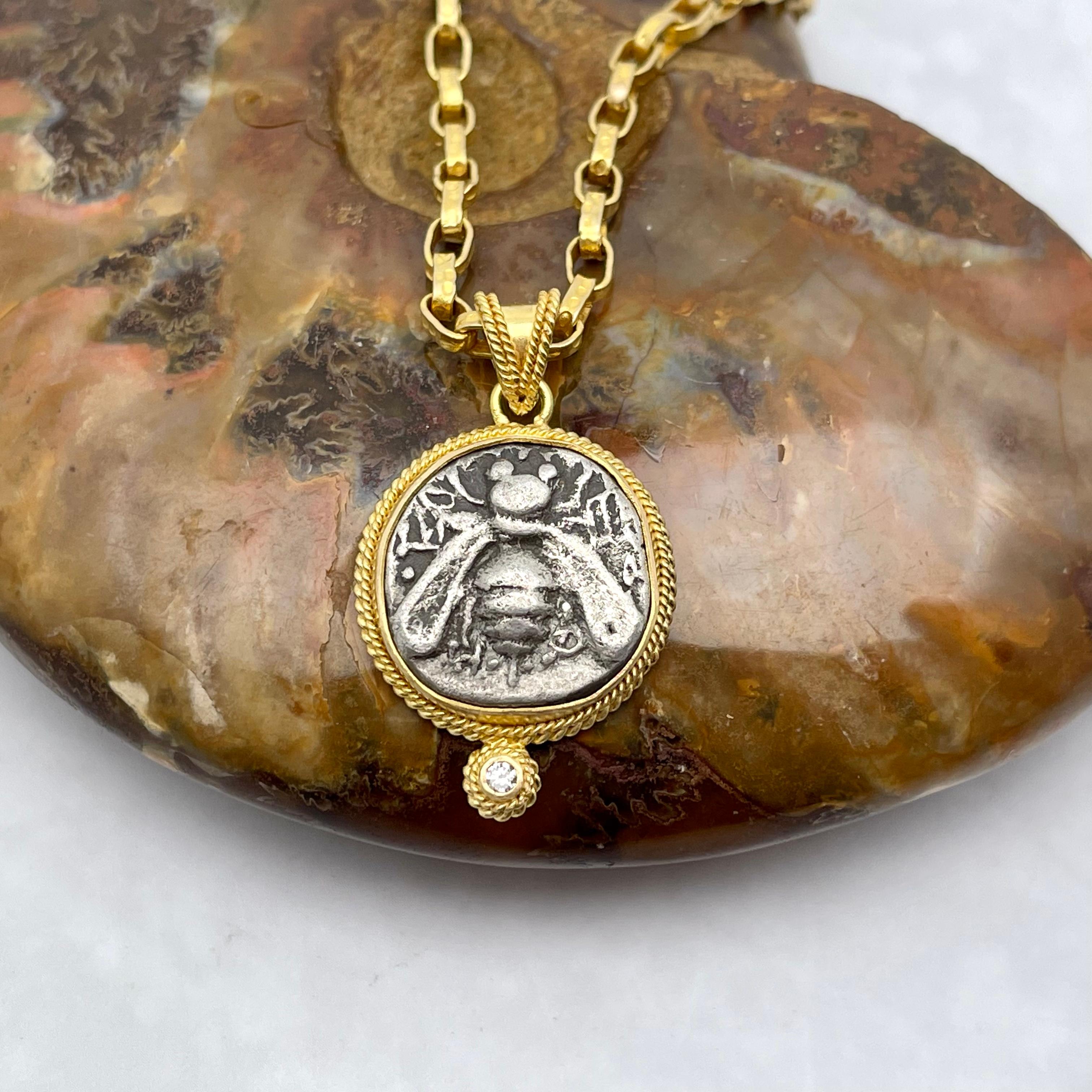 Women's or Men's Ancient Greek 5th Century BC Ephesus Bee Coin Diamond 18K Gold Pendant
