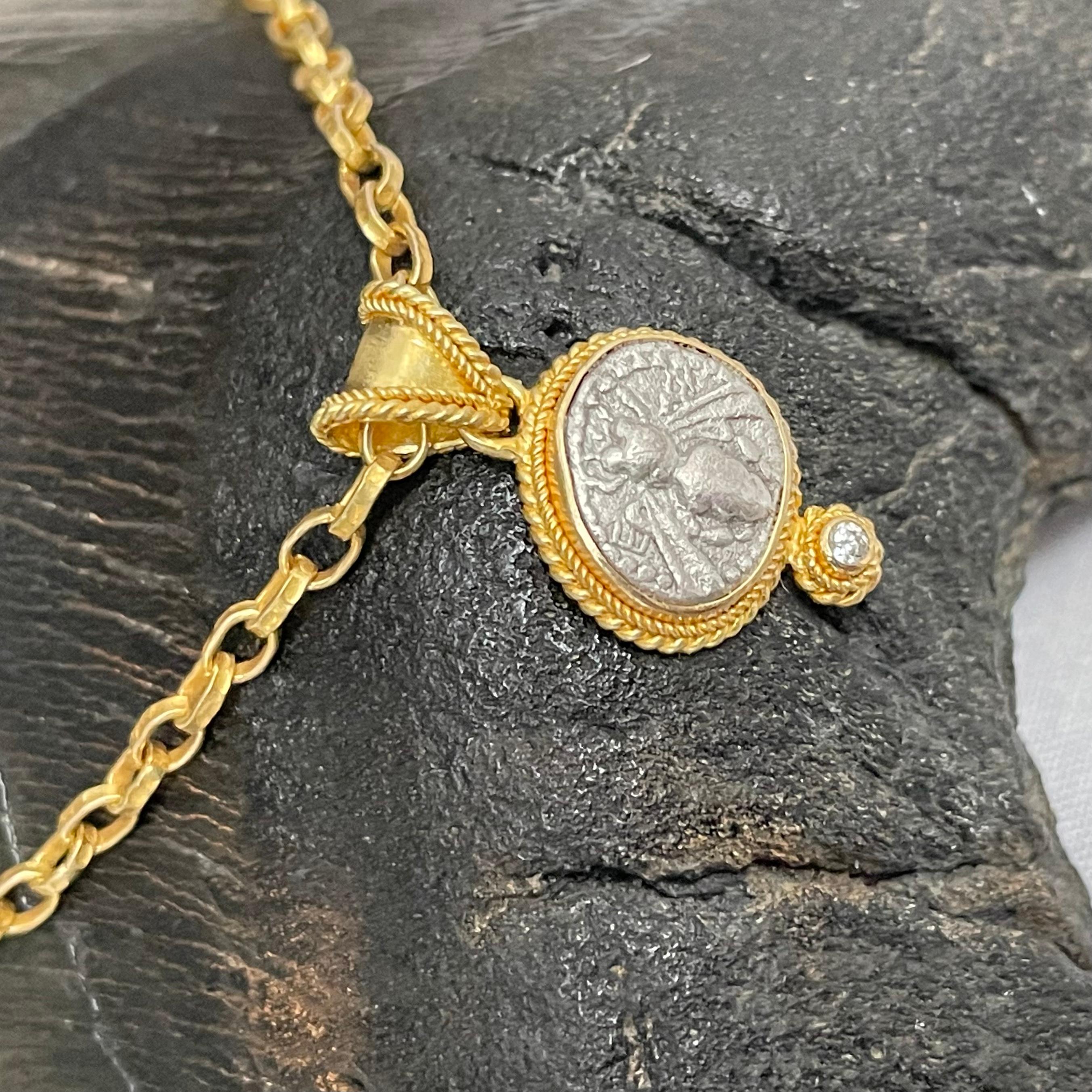 Rose Cut Ancient Greek 5th Century BC Ephesus Bee Coin Diamond 18K Gold Pendant For Sale