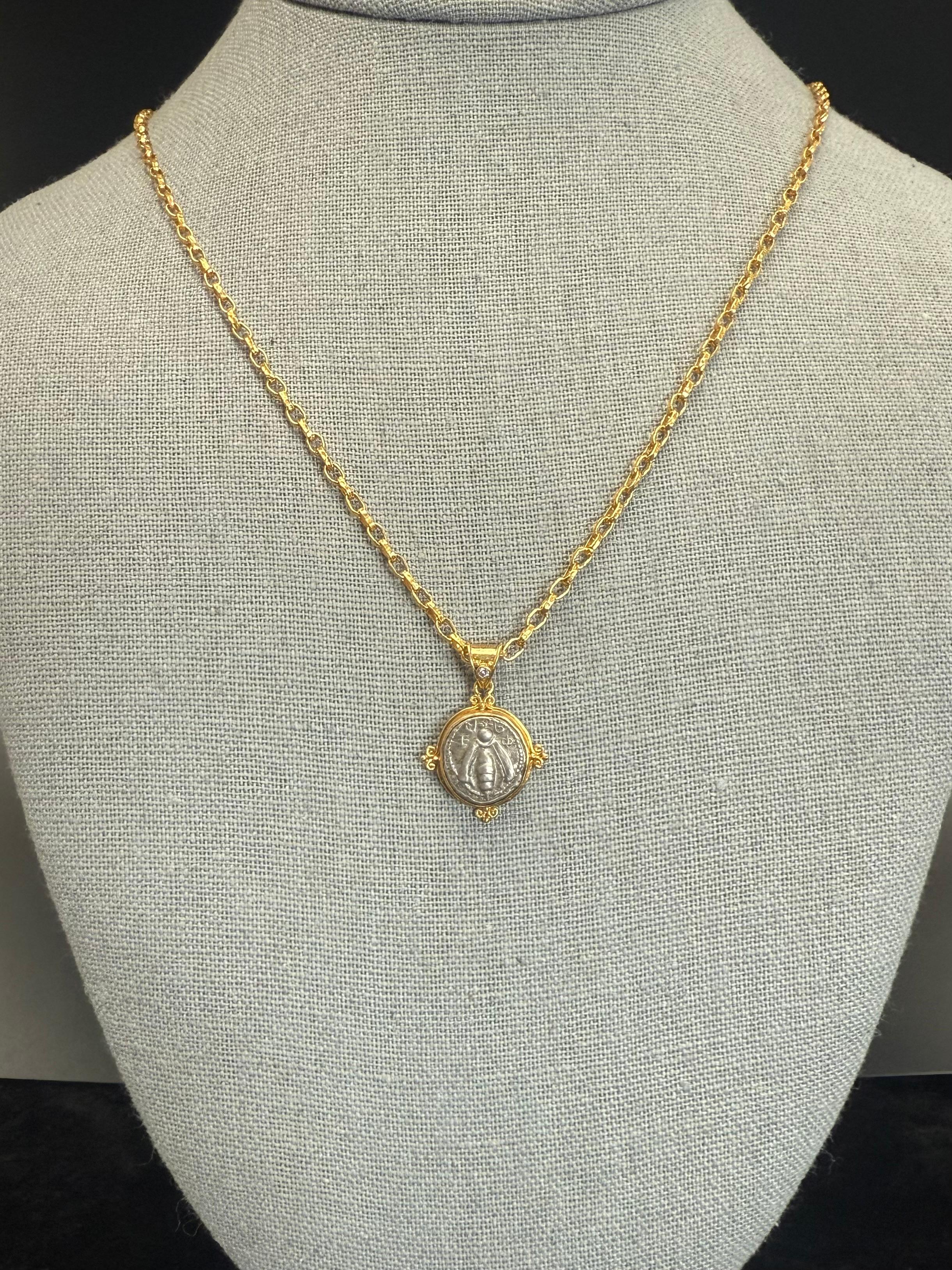 Ancient Greek 5th Century BC Ephesus Bee Coin Diamond 18K Gold Pendant For Sale 1
