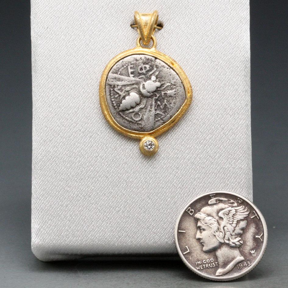 Women's or Men's Ancient Greek 5th Century BC Ephesus Bee Coin Diamond 18K Gold Pendant For Sale