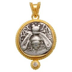 Ancient Greek 5th Century BC Ephesus Bee Coin Diamond 18K Gold Pendant