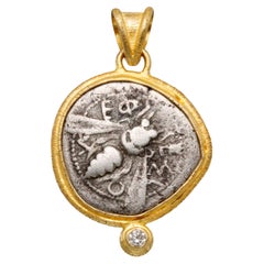 Ancient Greek 5th Century BC Ephesus Bee Coin Diamond 18K Gold Pendant