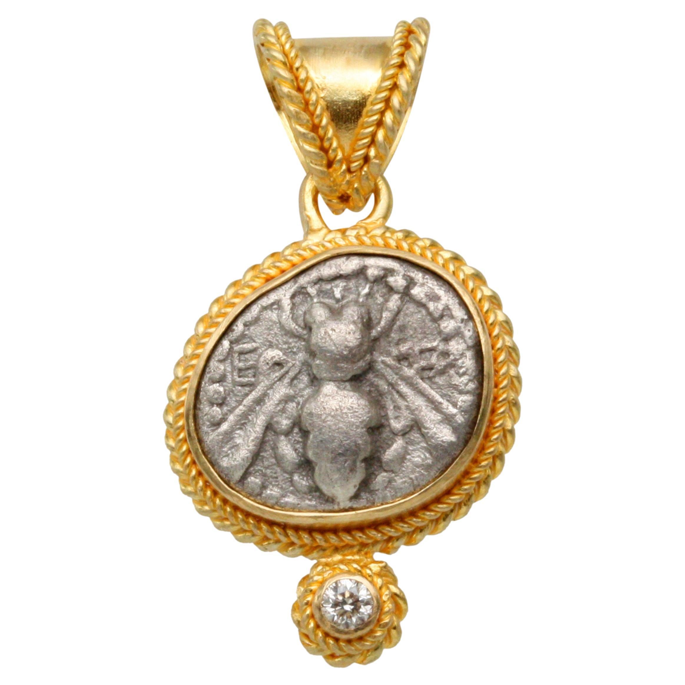 Ancient Greek 5th Century BC Ephesus Bee Coin Diamond 18K Gold Pendant For Sale