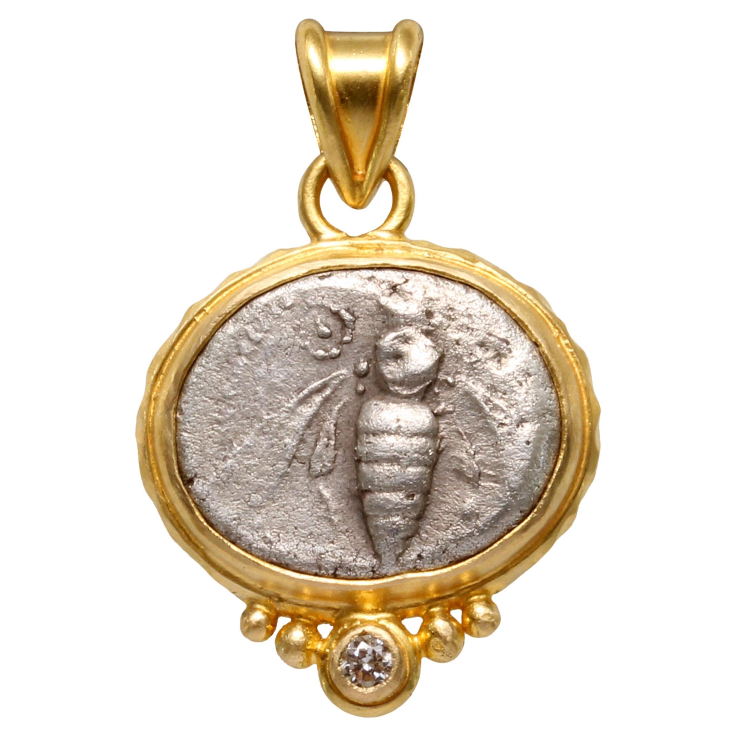 Ancient Greek 5th Century BC Ephesus Bee Coin Diamond 18K Gold Pendant For Sale