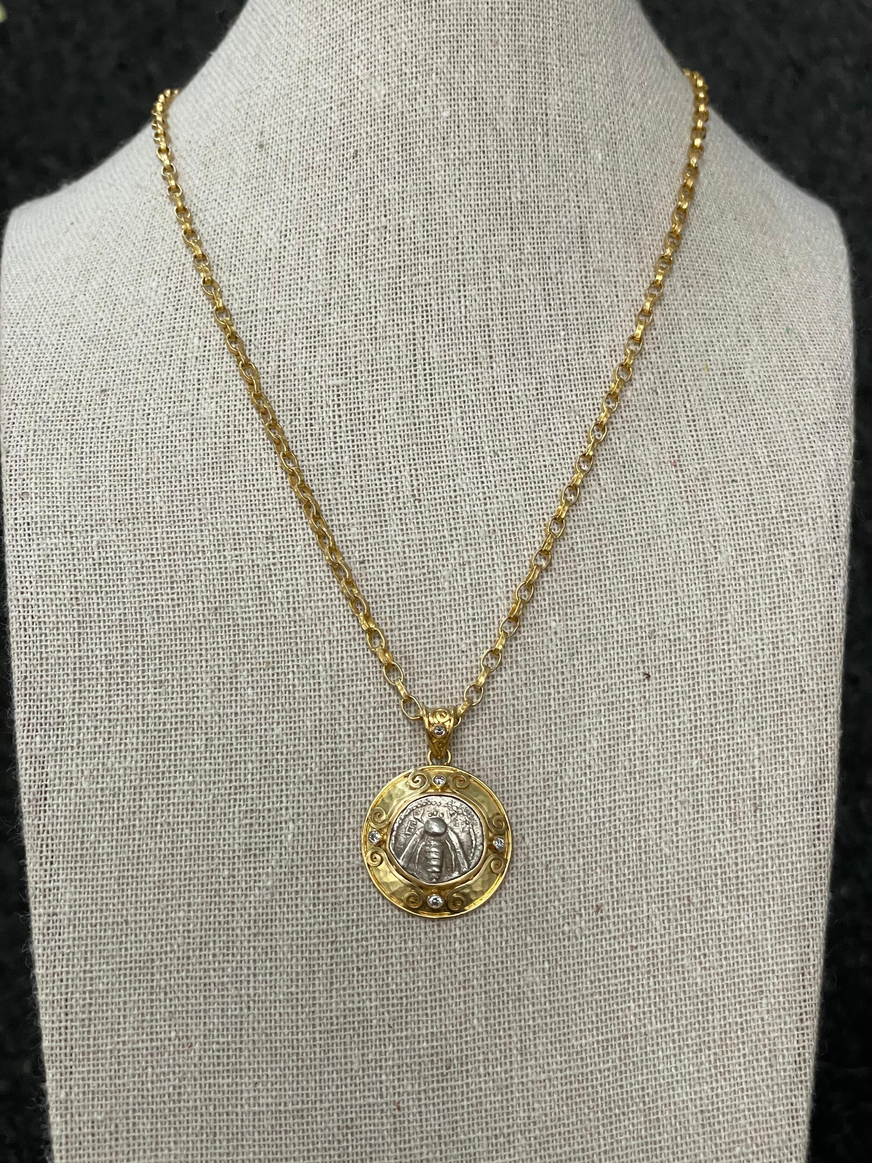 Ancient Greek 5th Century BC Ephesus Bee Coin Diamonds 18K Gold Pendant 7