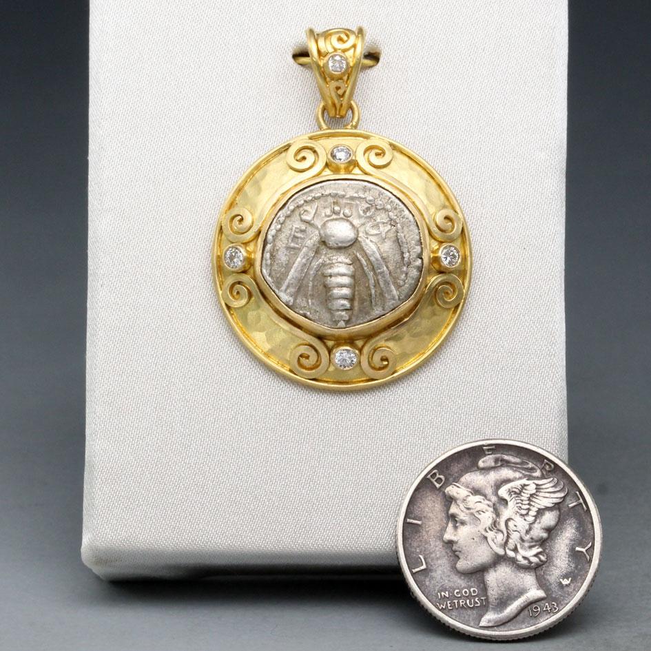 Rose Cut Ancient Greek 5th Century BC Ephesus Bee Coin Diamonds 18K Gold Pendant