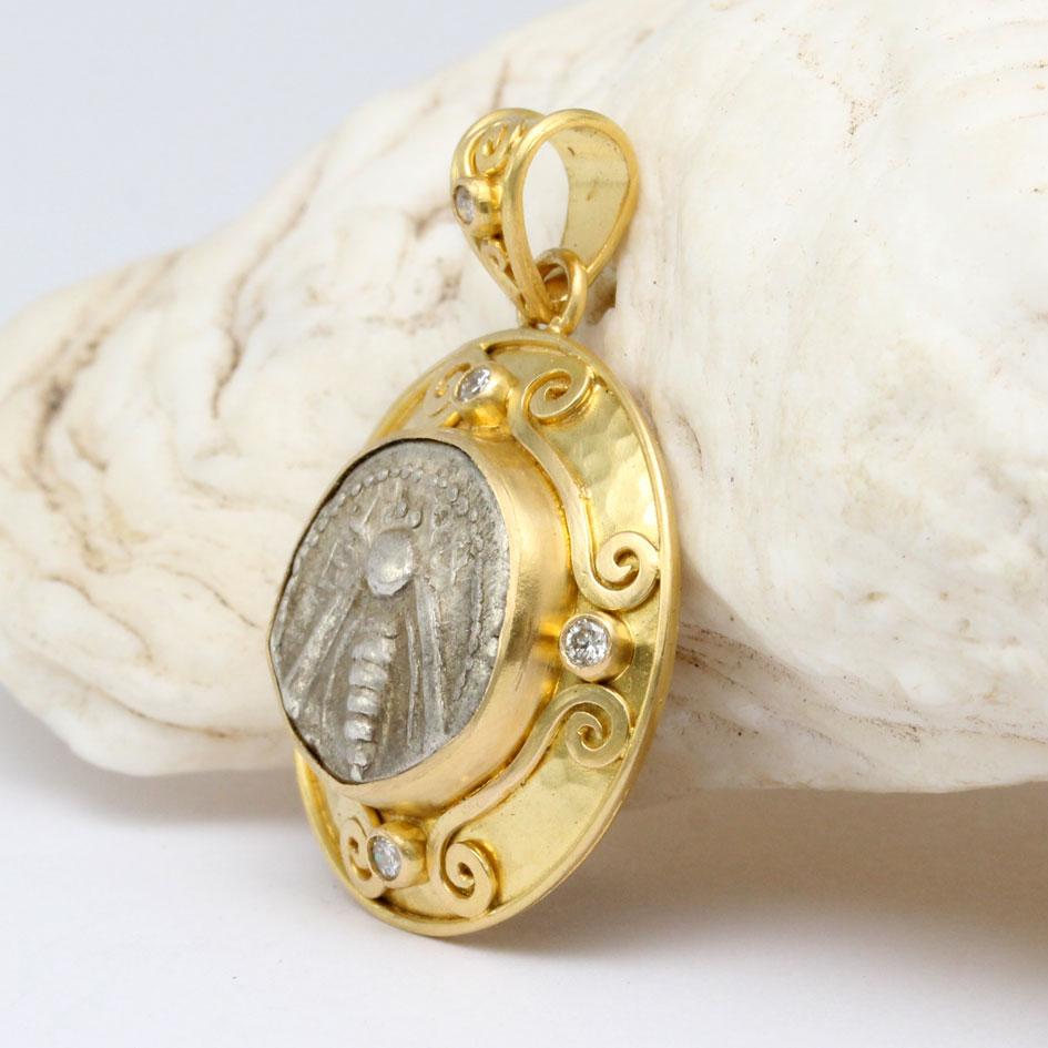Women's or Men's Ancient Greek 5th Century BC Ephesus Bee Coin Diamonds 18K Gold Pendant