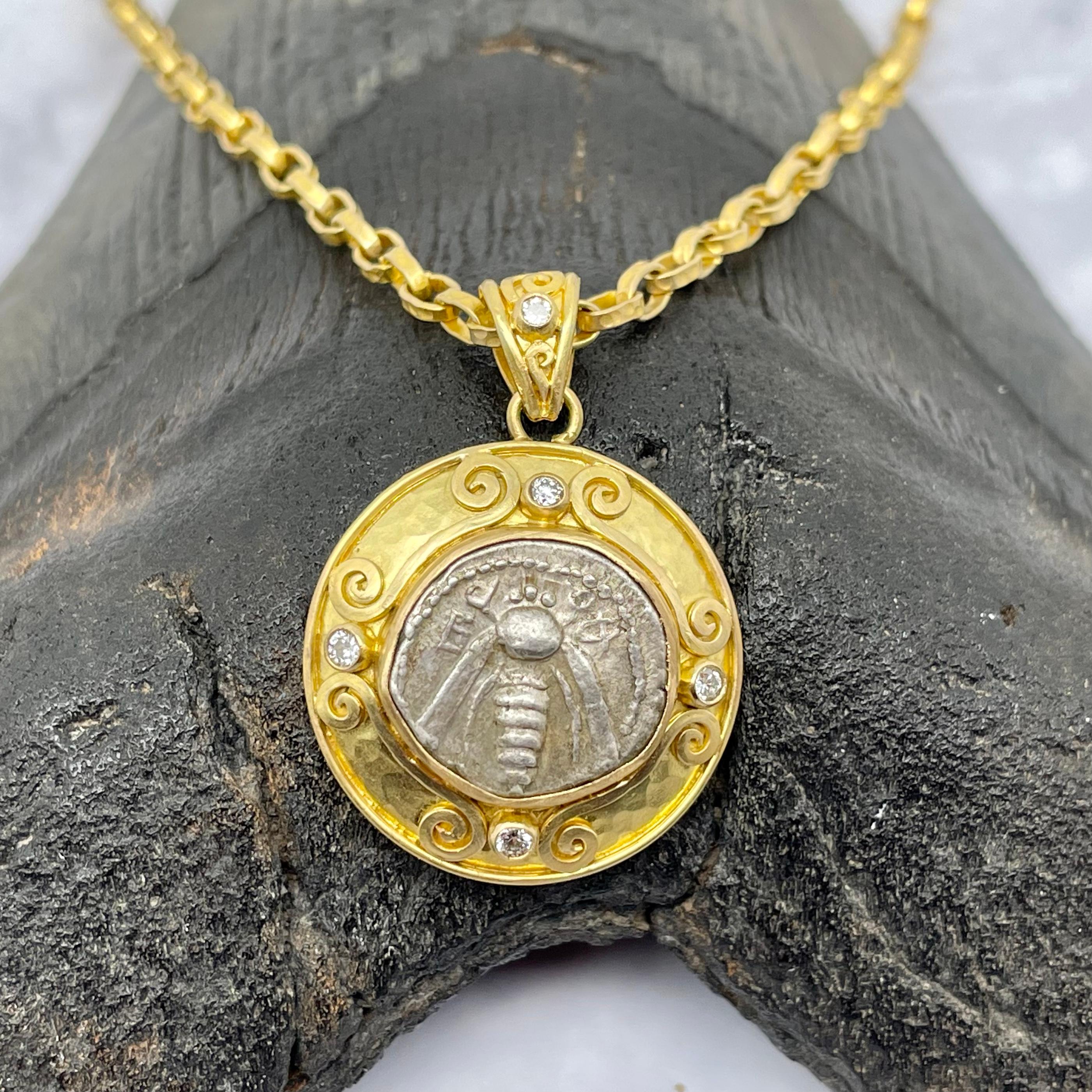 Ancient Greek 5th Century BC Ephesus Bee Coin Diamonds 18K Gold Pendant 1