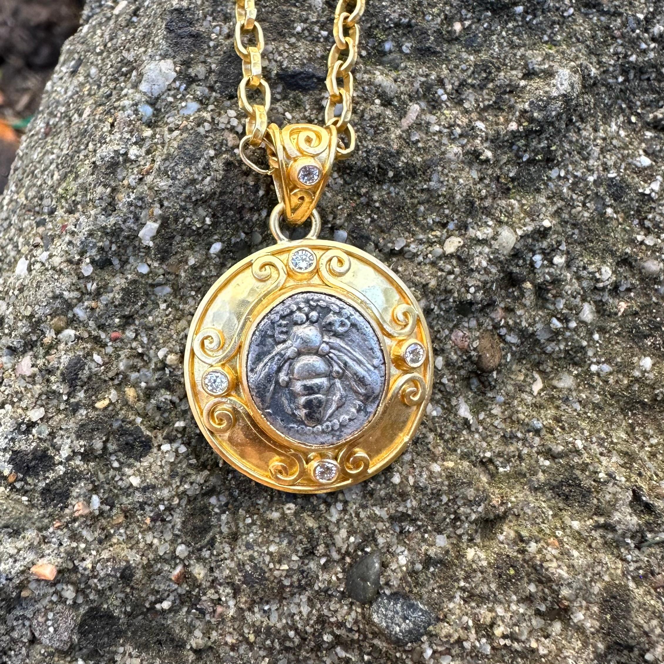 Women's or Men's Ancient Greek 5th Century BC Ephesus Bee Coin Diamonds 22K Gold Pendant For Sale