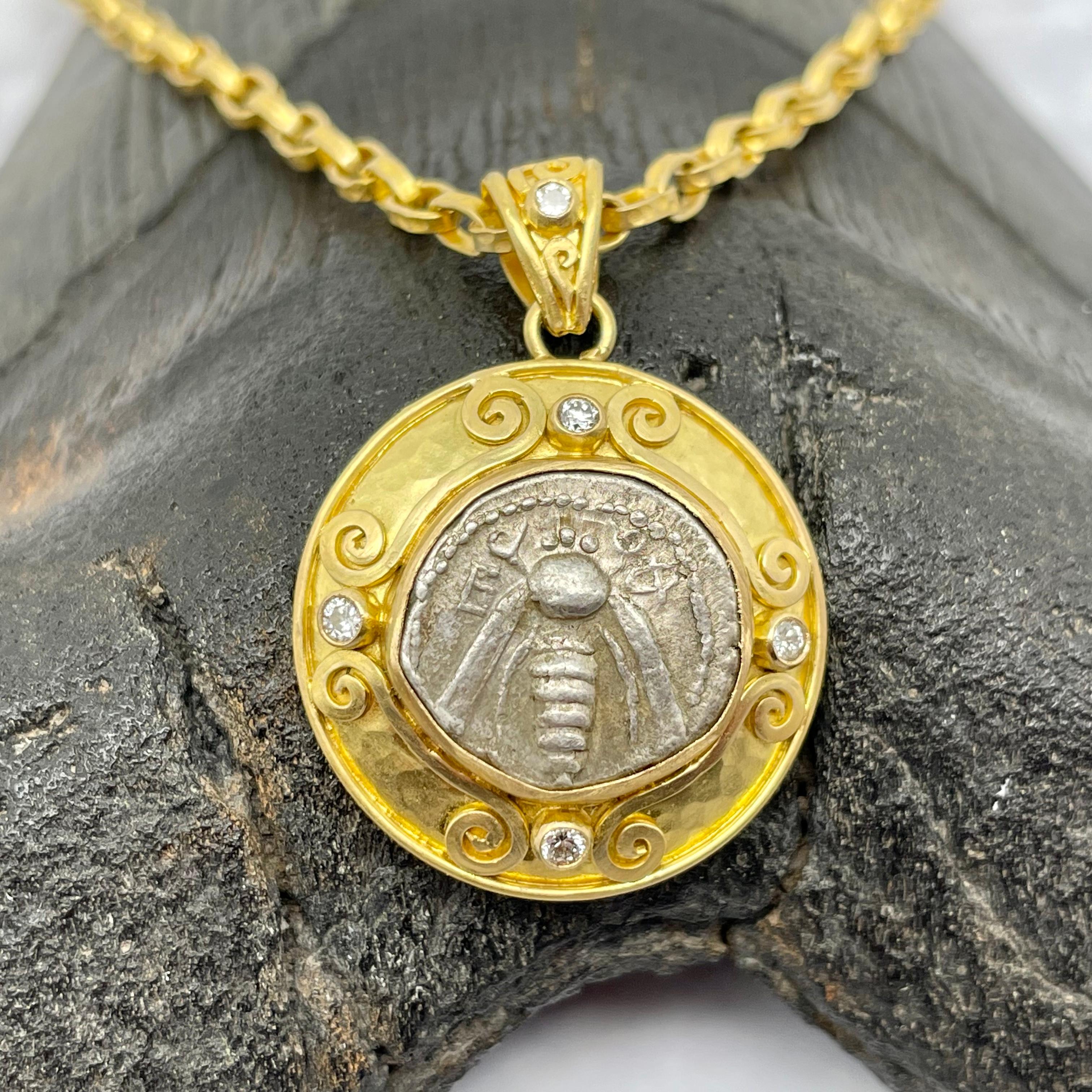 Ancient Greek 5th Century BC Ephesus Bee Coin Diamonds 18K Gold Pendant 3