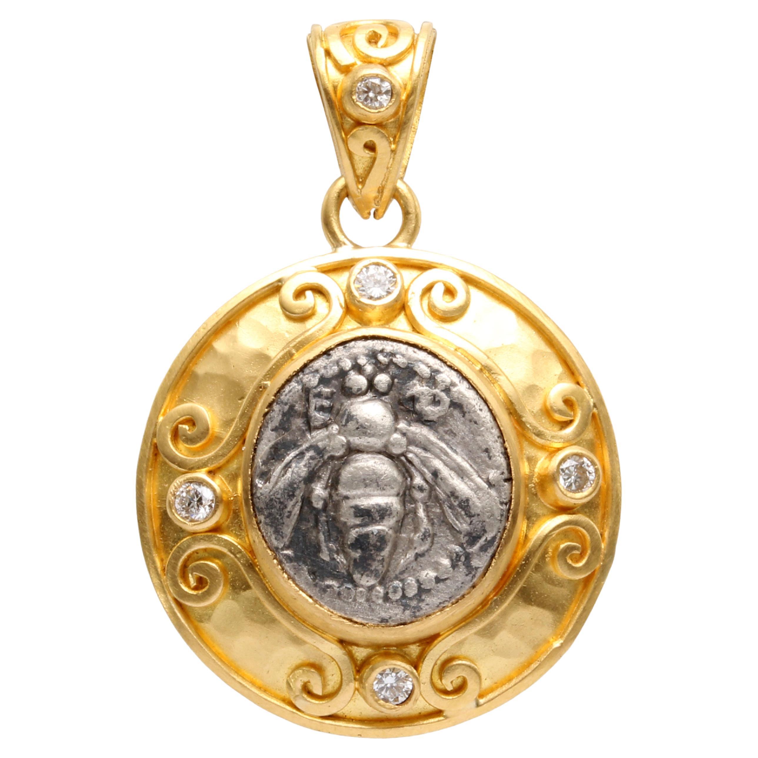 Ancient Greek 5th Century BC Ephesus Bee Coin Diamonds 22K Gold Pendant For Sale