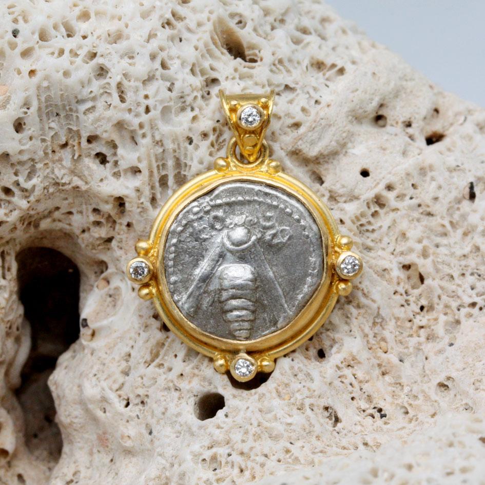 Rose Cut Ancient Greek 5th Century BC Ephesus Bee Coin Diamonds 22K Gold Pendant