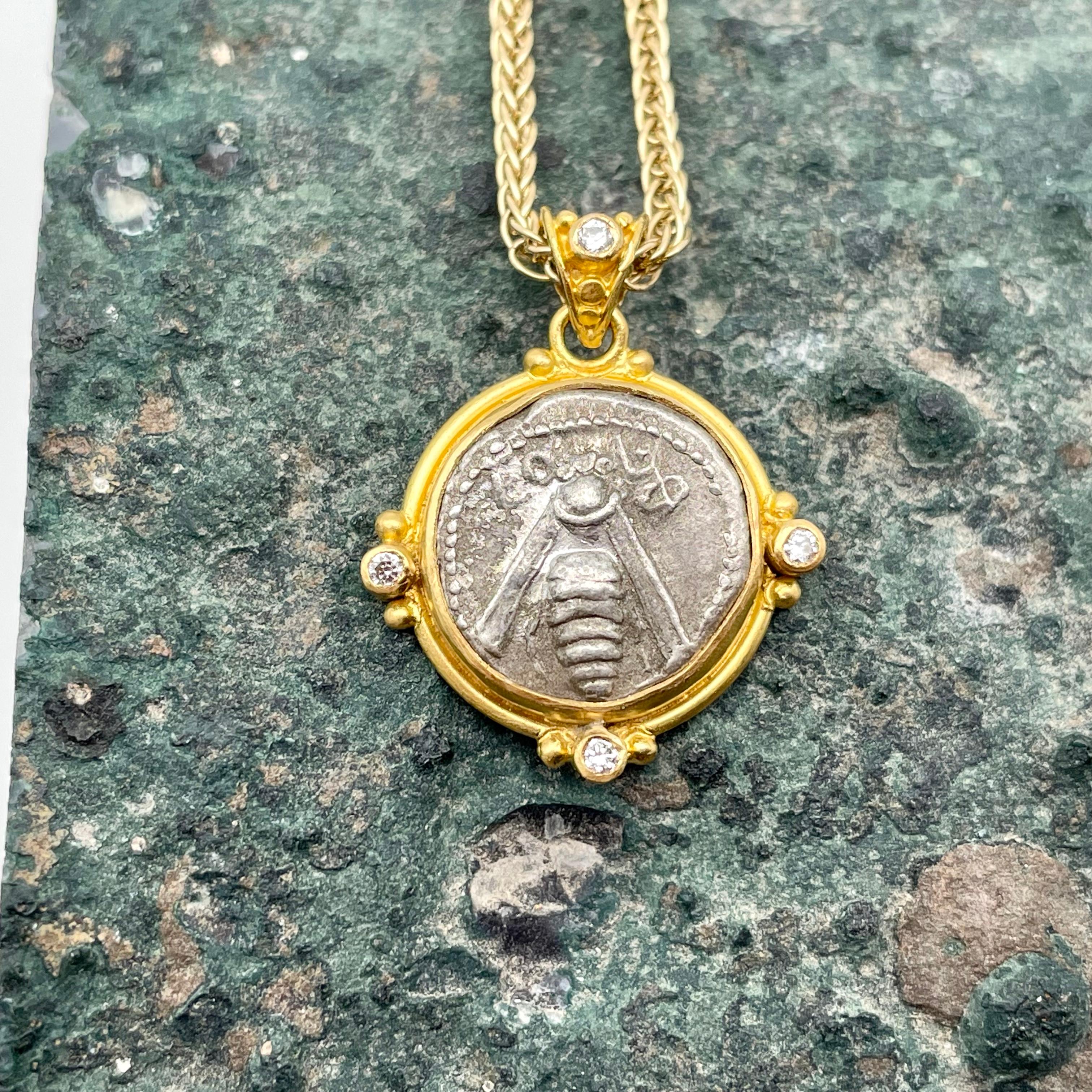 Women's or Men's Ancient Greek 5th Century BC Ephesus Bee Coin Diamonds 22K Gold Pendant