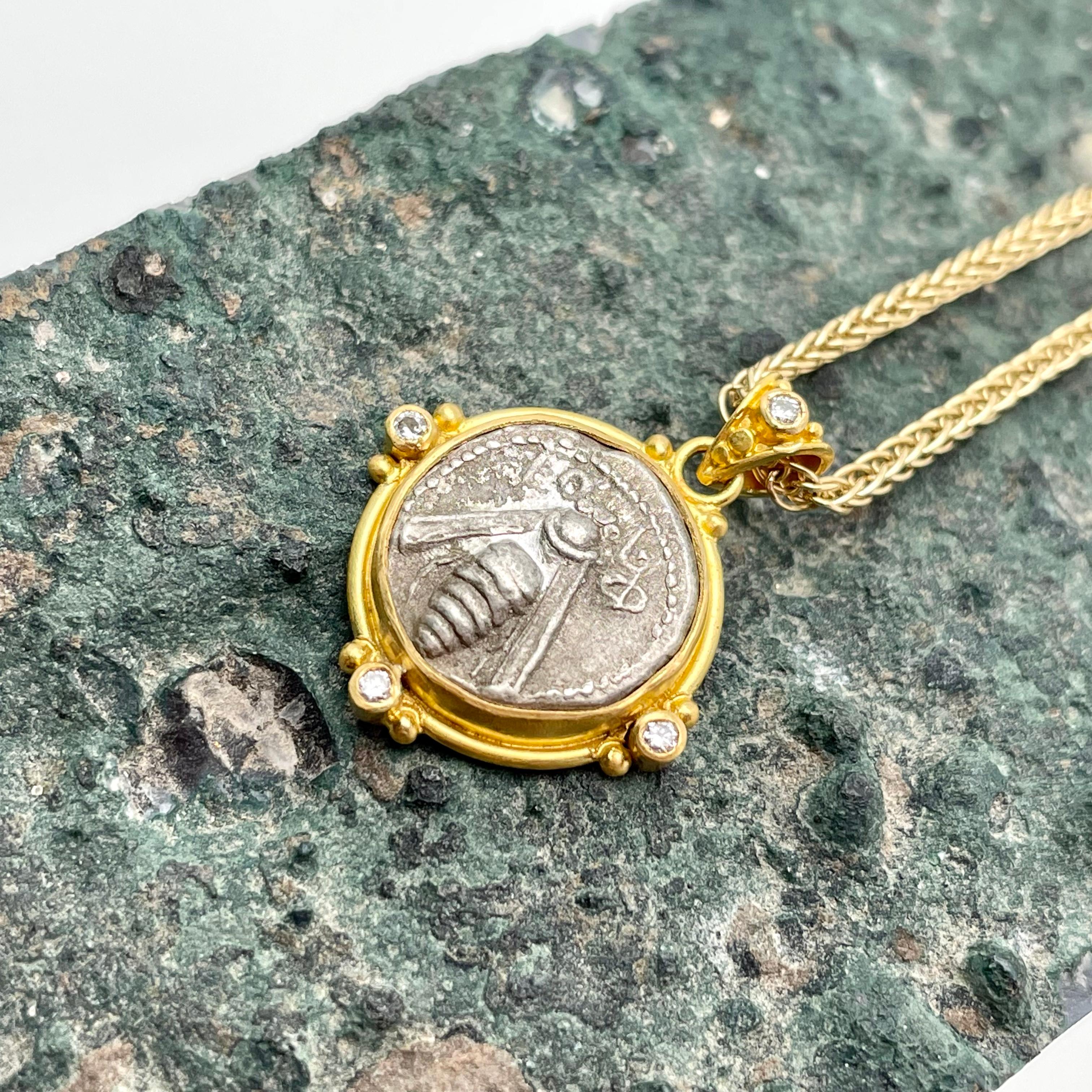 Ancient Greek 5th Century BC Ephesus Bee Coin Diamonds 22K Gold Pendant 2