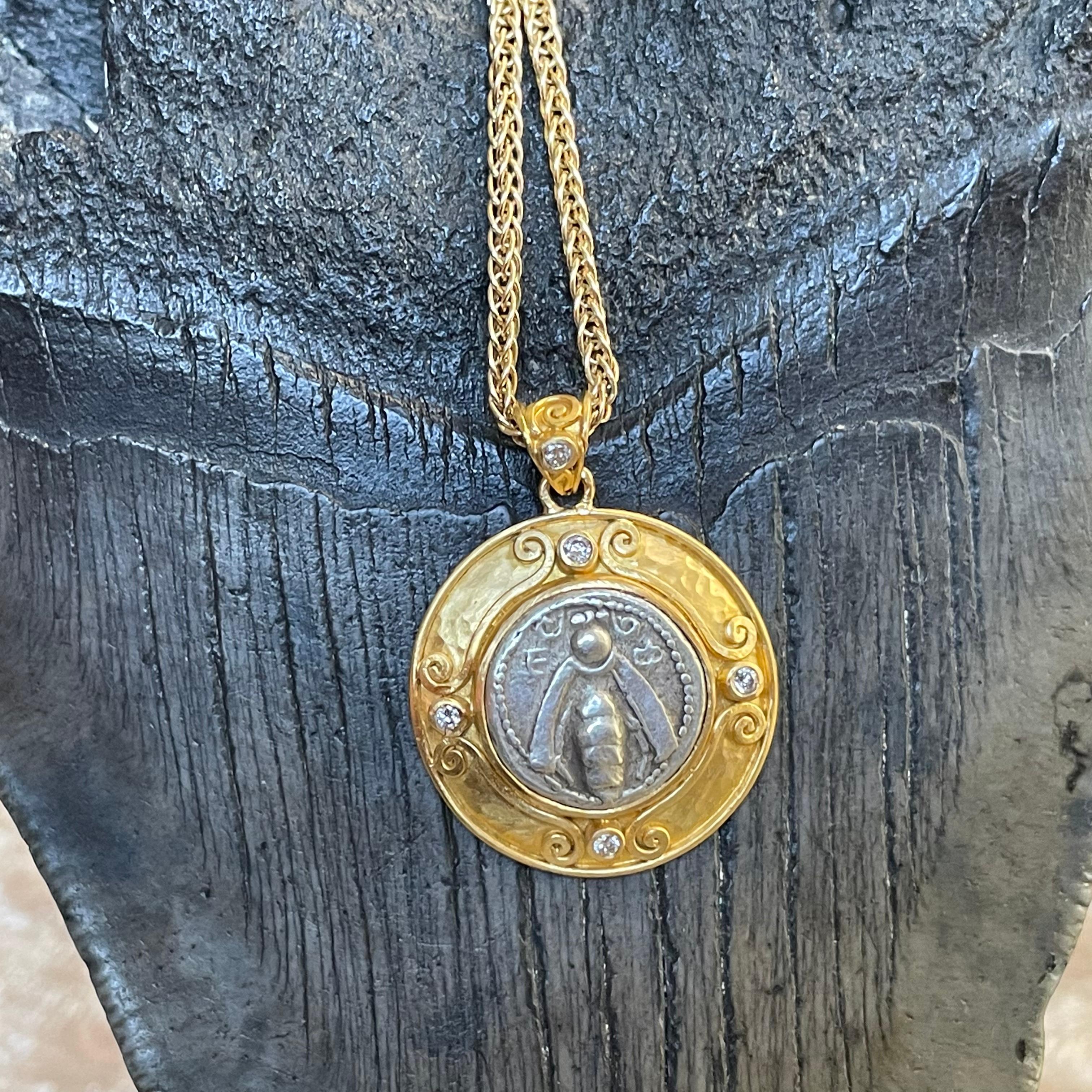 Women's or Men's Ancient Greek 5th Century BC Ephesus Bee Diamonds 22K Gold Pendant