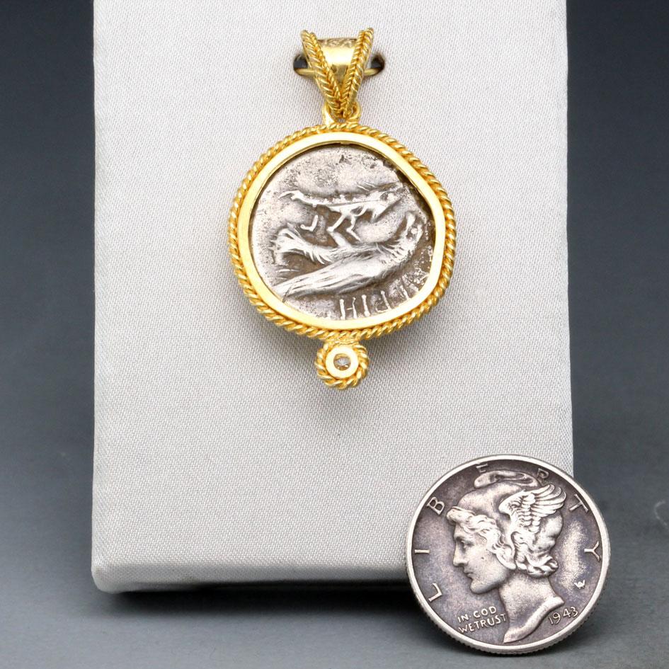 Ancient Greek 5th Century BC Gemini Coin Diamond 18k Gold Pendant For Sale 2