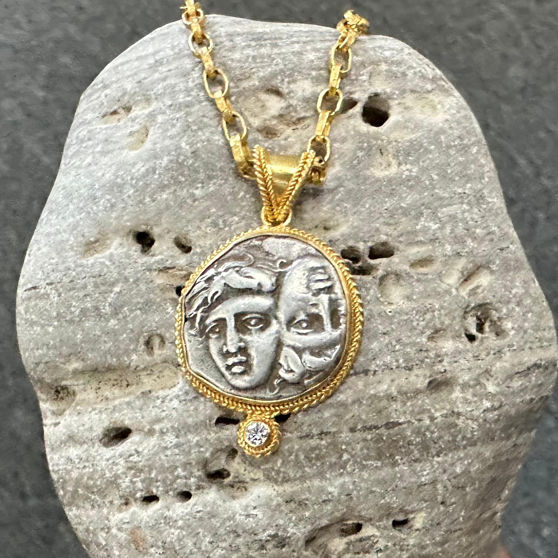Classical Greek Ancient Greek 5th Century BC Gemini Coin Diamond 18k Gold Pendant For Sale