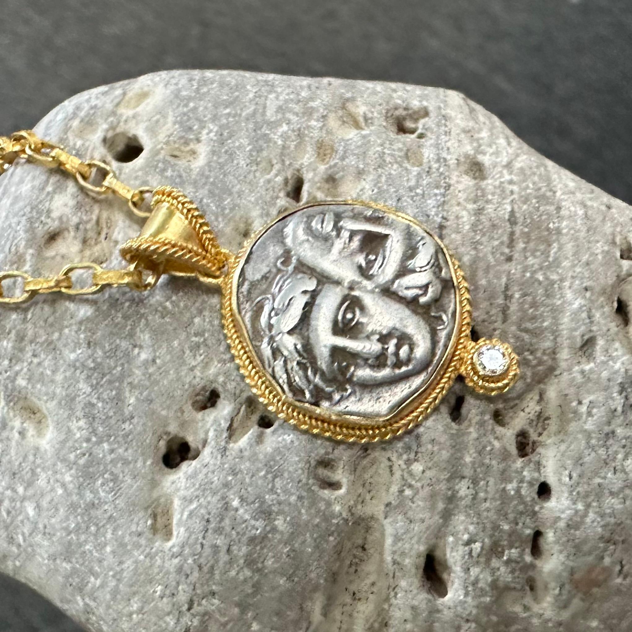 Rose Cut Ancient Greek 5th Century BC Gemini Coin Diamond 18k Gold Pendant For Sale