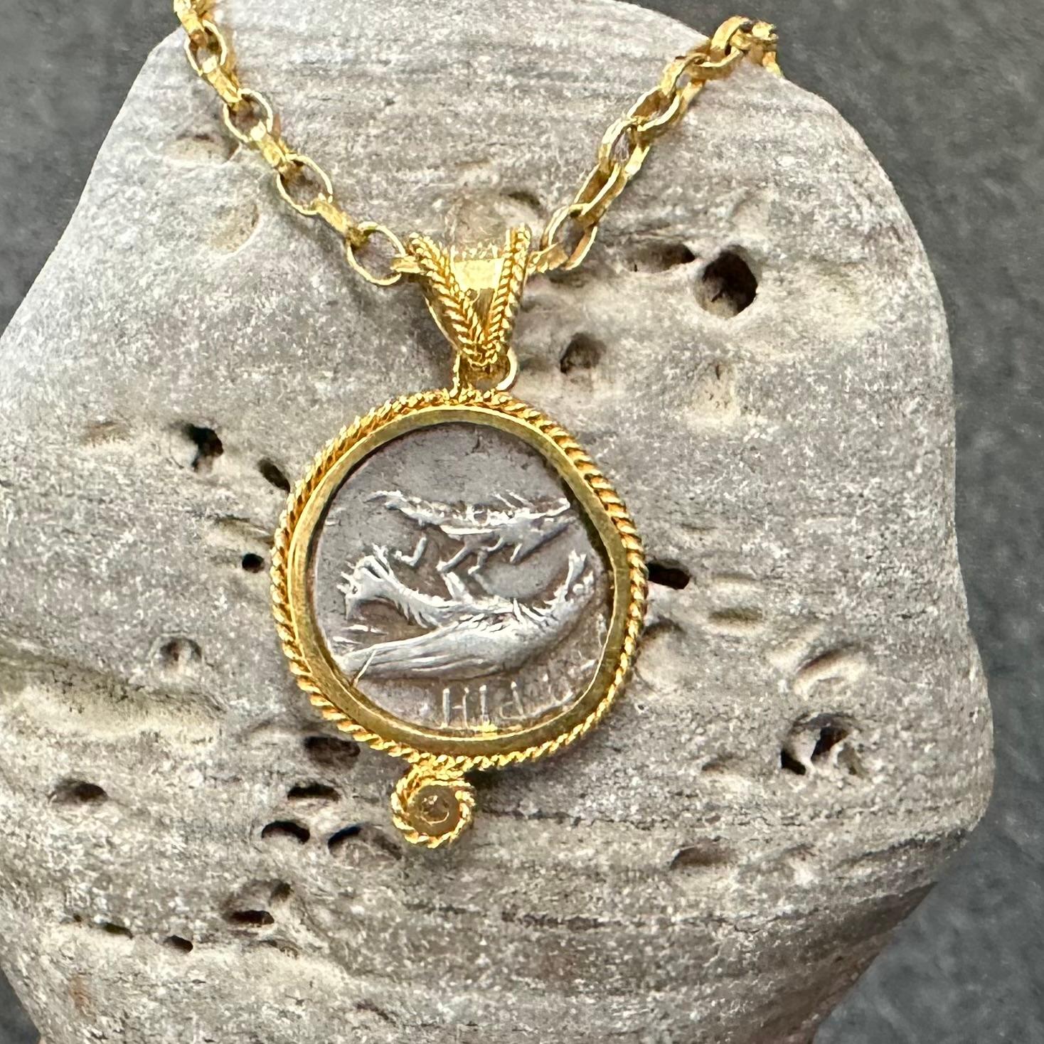 Ancient Greek 5th Century BC Gemini Coin Diamond 18k Gold Pendant In New Condition For Sale In Soquel, CA