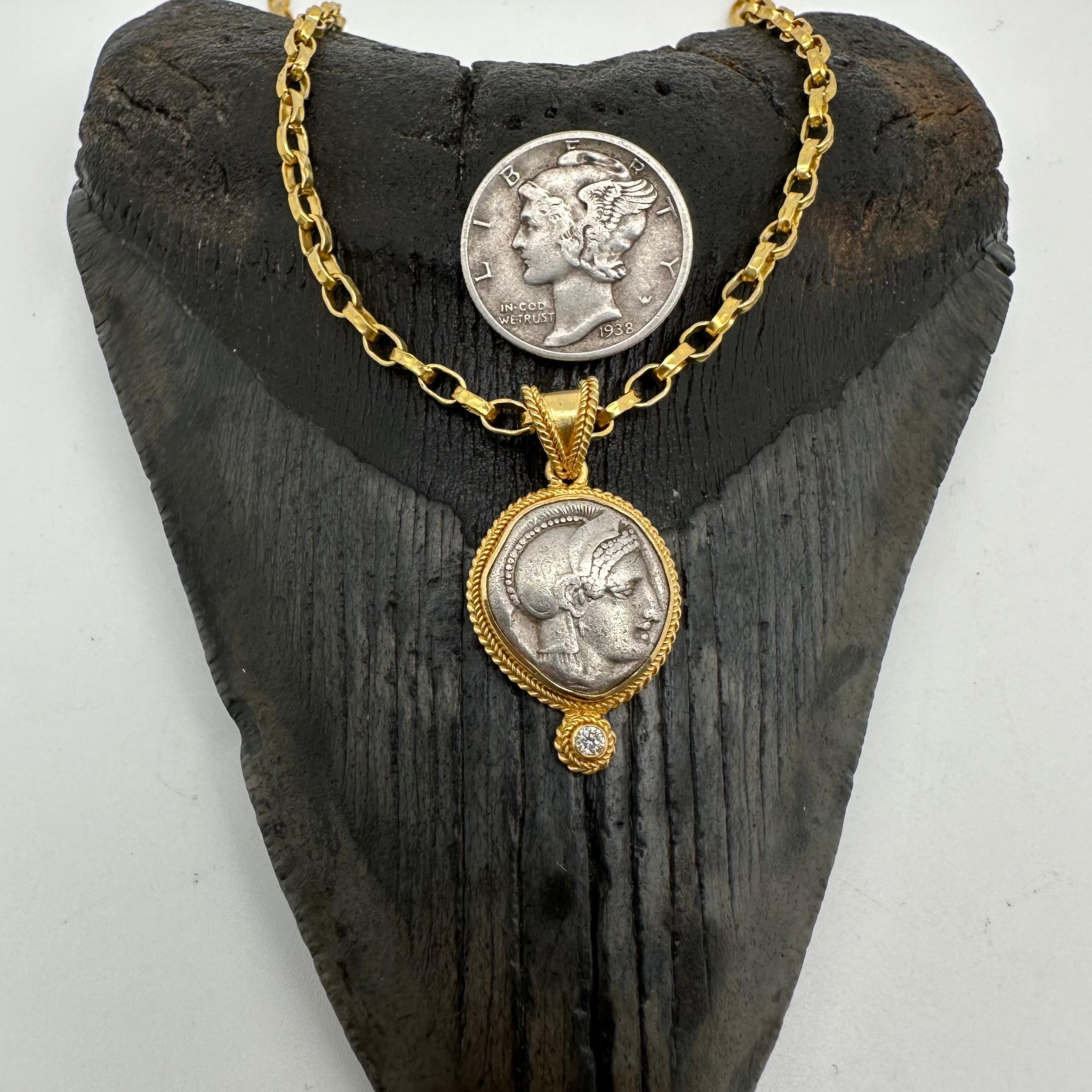 Ancient Greek 5th Century BC Goddess Athena Coin Diamond 18K Gold Pendant For Sale 4
