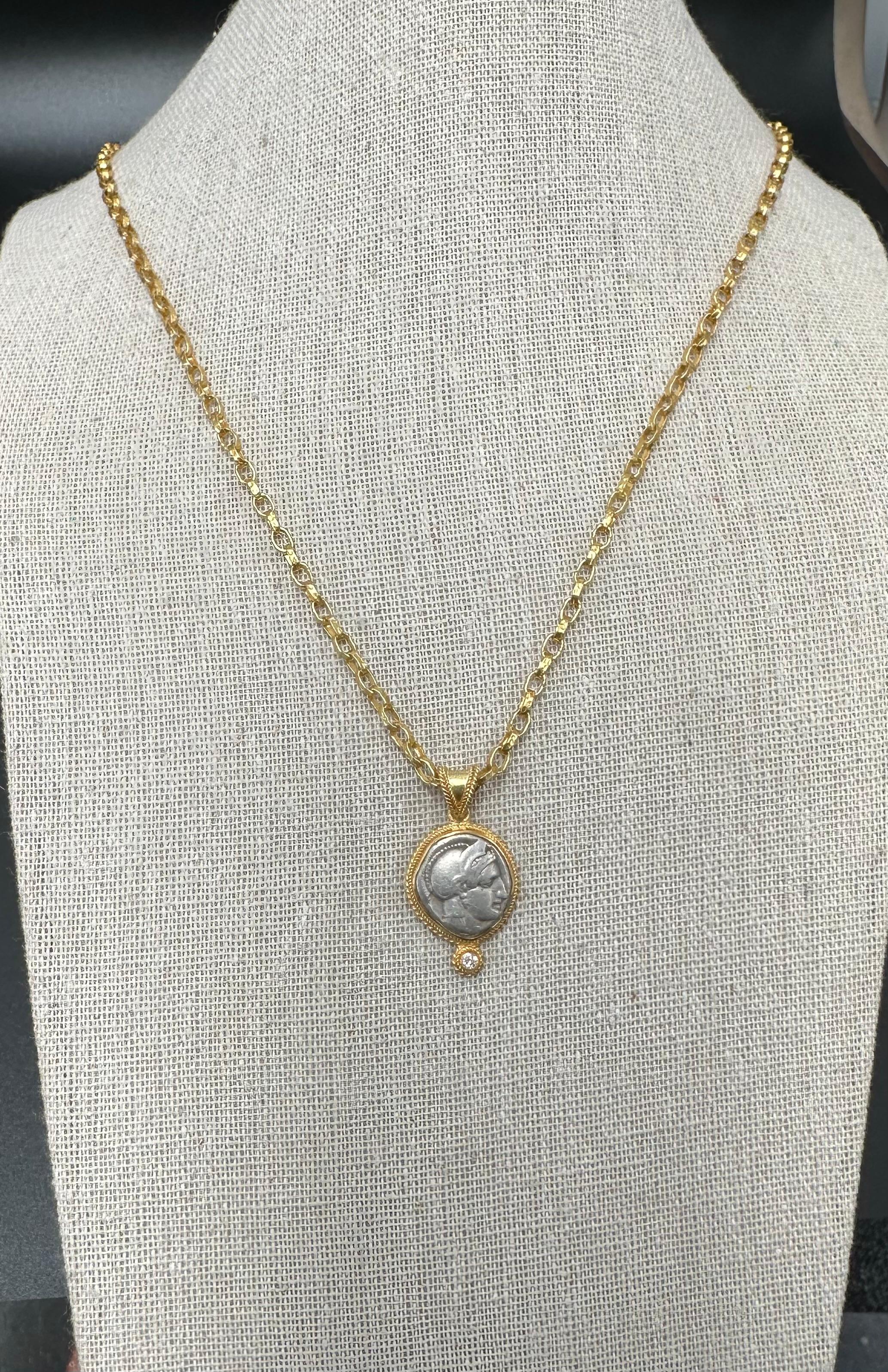 Ancient Greek 5th Century BC Goddess Athena Coin Diamond 18K Gold Pendant For Sale 6